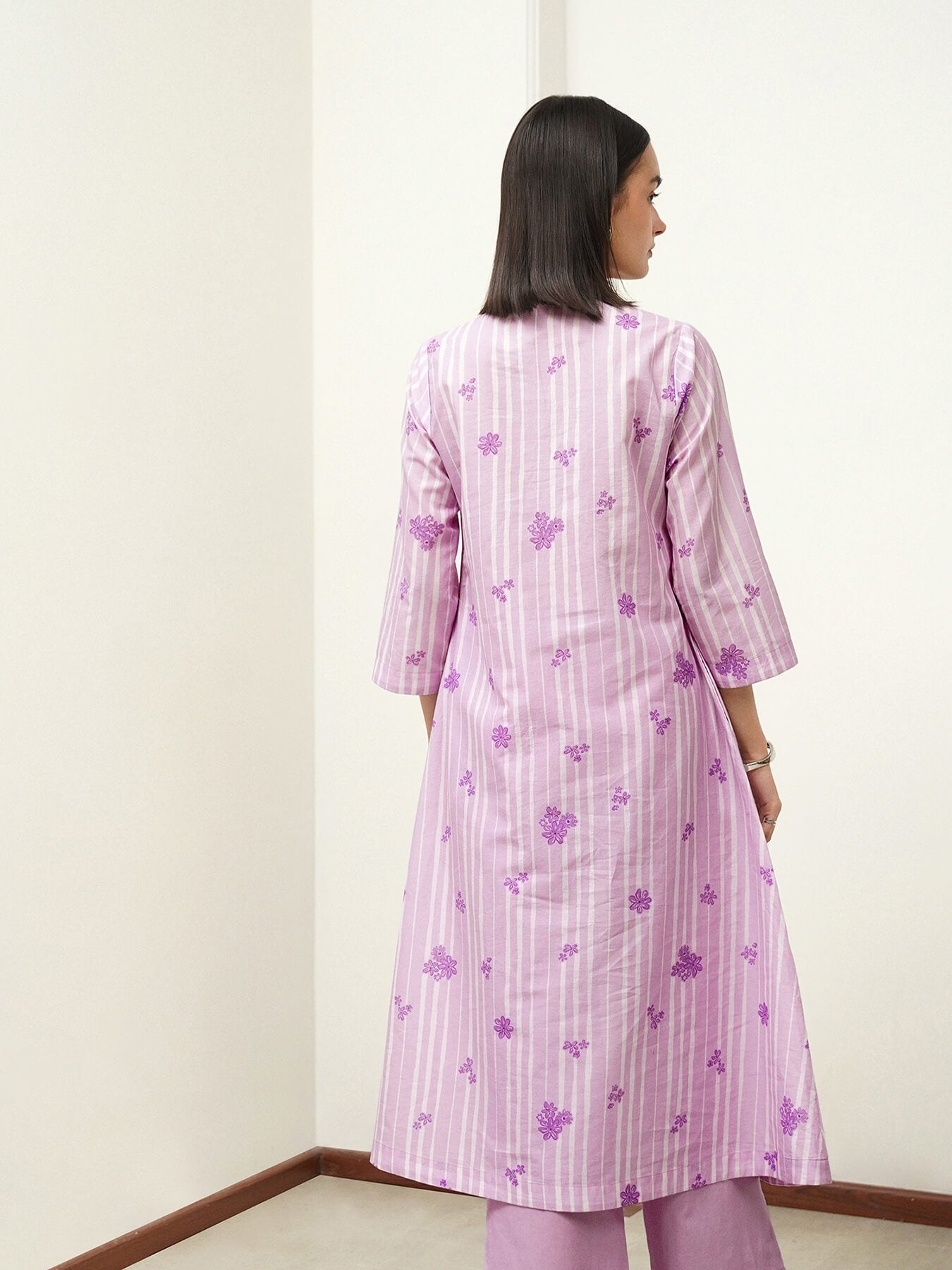 Cotton Geometric A-Line Kurta Set - Purple