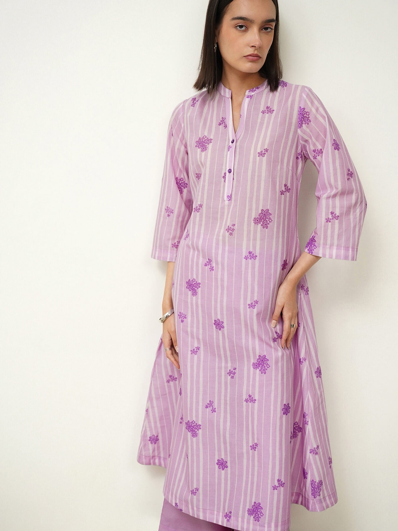 Cotton Geometric A-Line Kurta Set - Purple