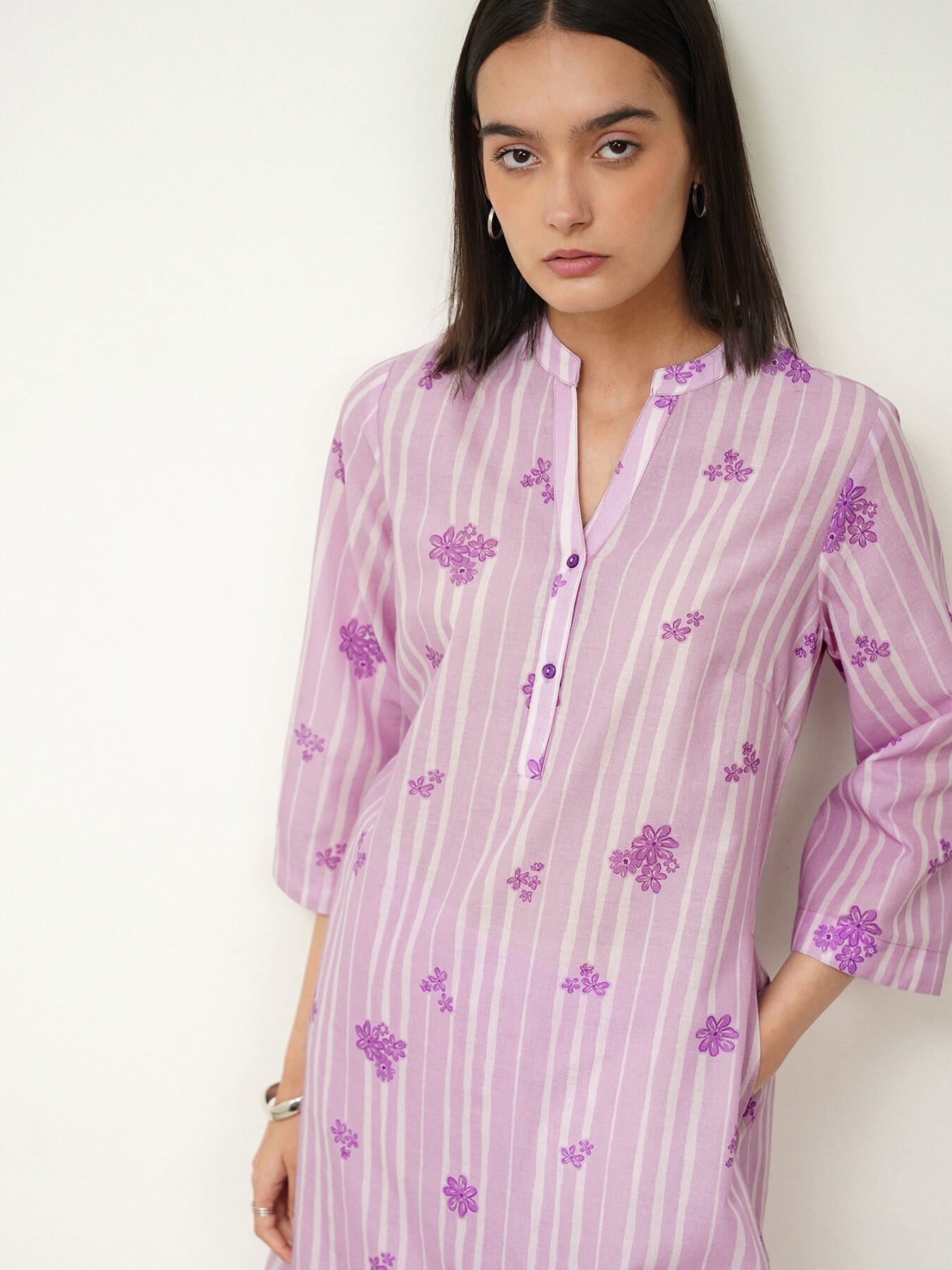 Cotton Geometric A-Line Kurta Set - Purple