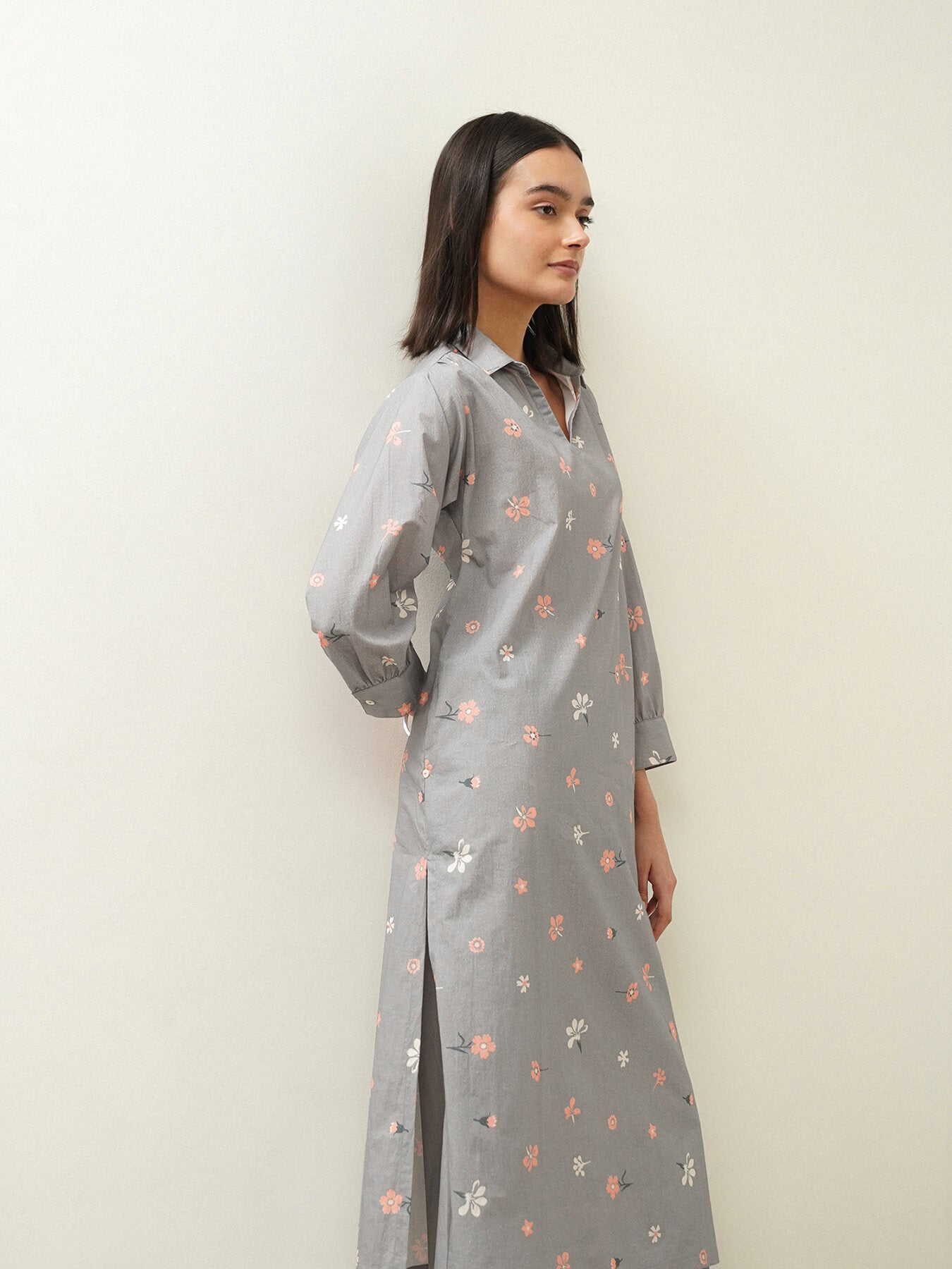 Cotton Floral Shirt Collar Kurta Set - Grey