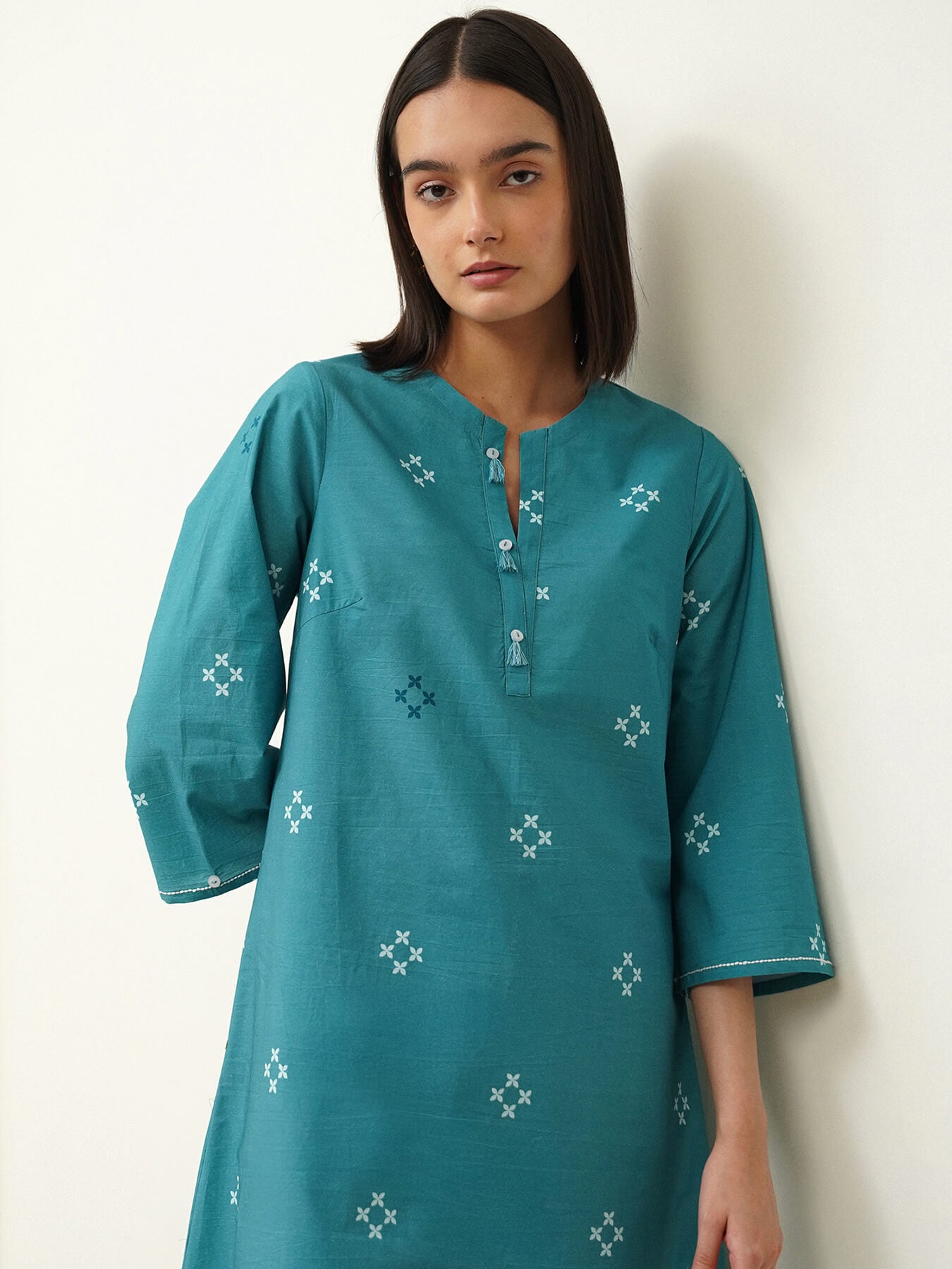 Cotton A-Line Round Neck Kurta Set - Teal