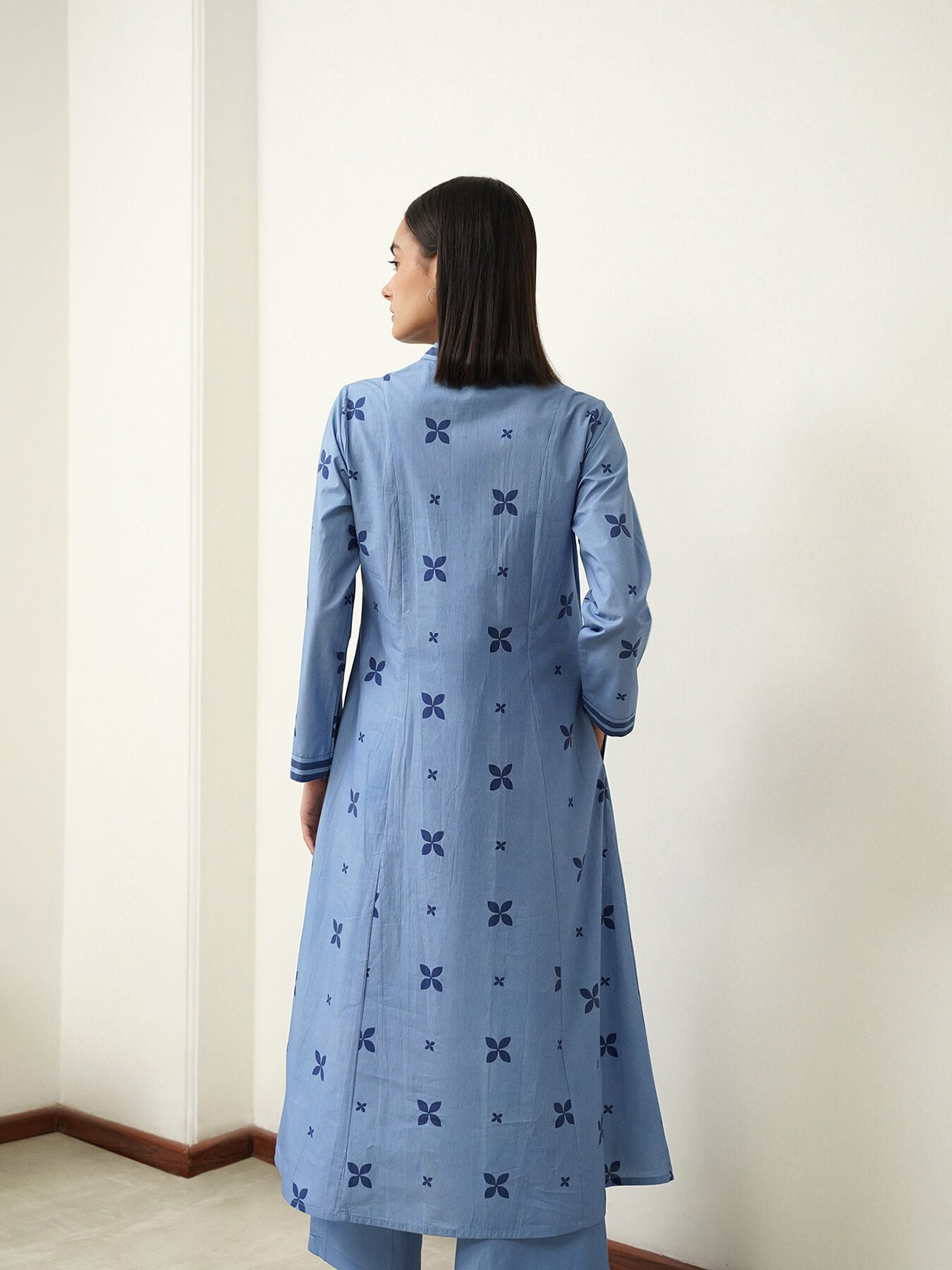 Cotton Geometric V-Neck Kurta Set - Blue