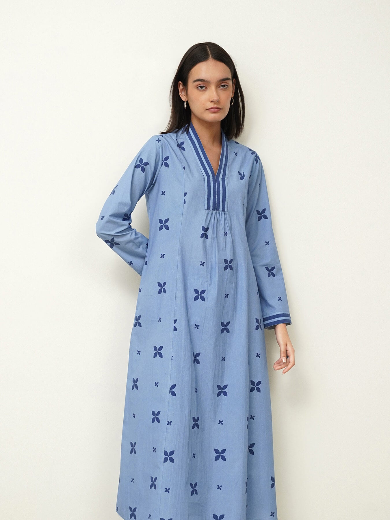 Cotton Geometric V-Neck Kurta Set - Blue