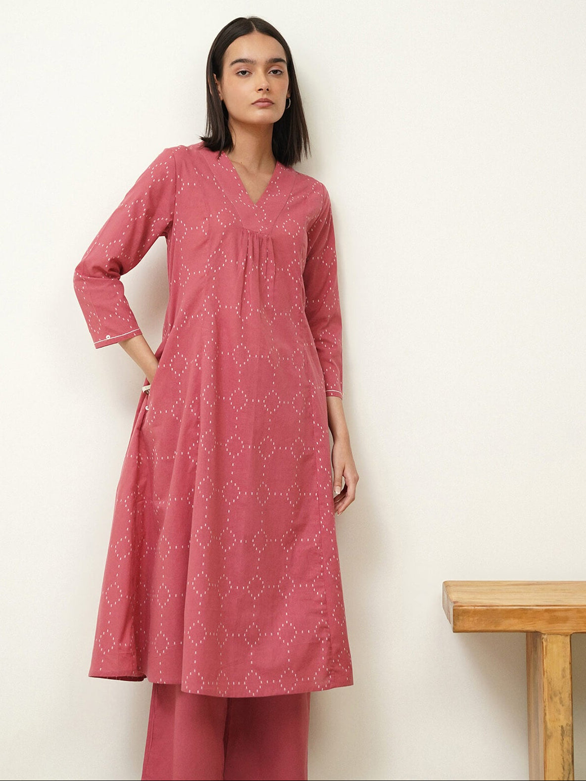 Cotton Ikat V-Neck Kurta Set - Pink