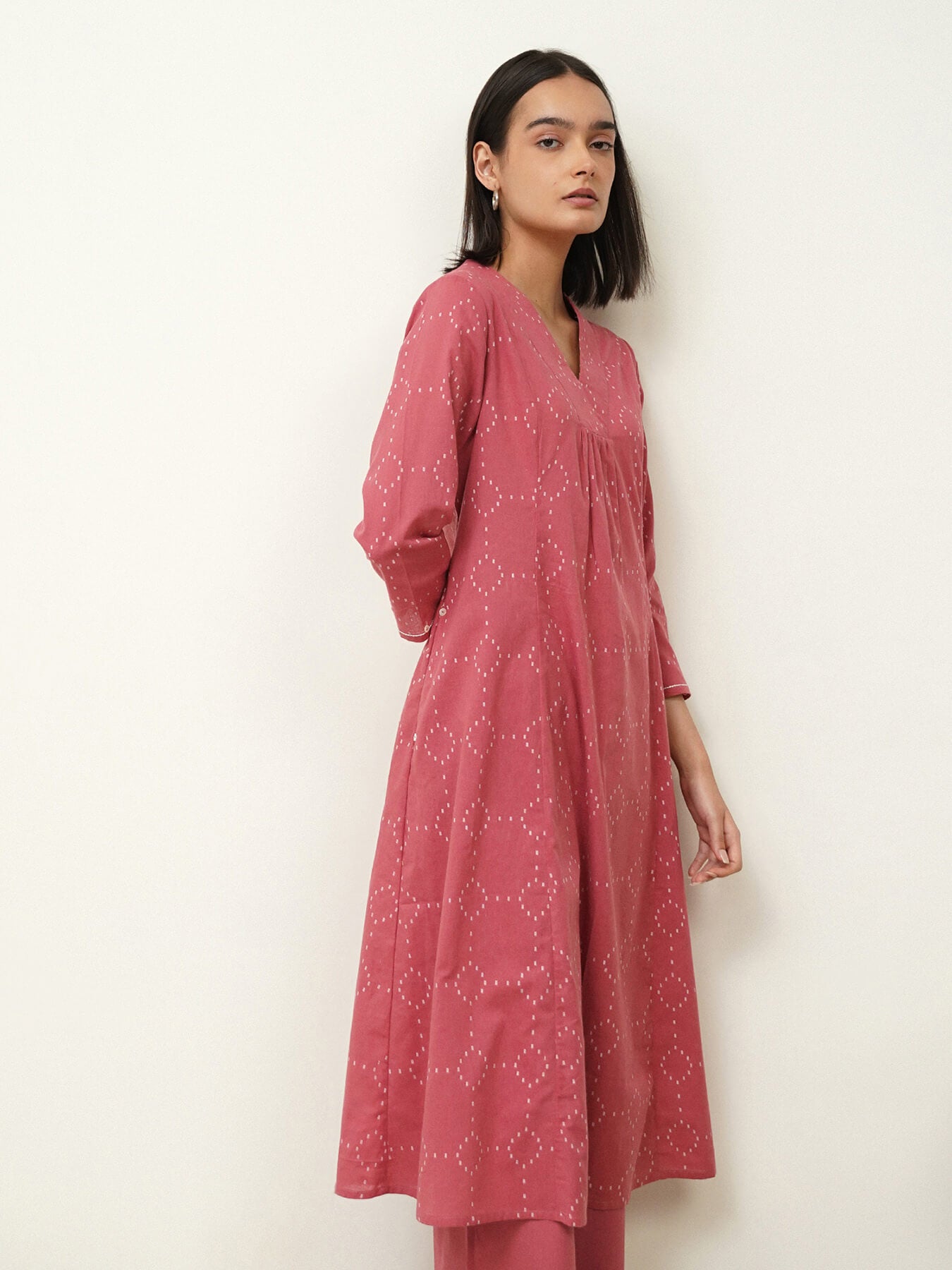 Cotton Ikat V-Neck Kurta Set - Pink