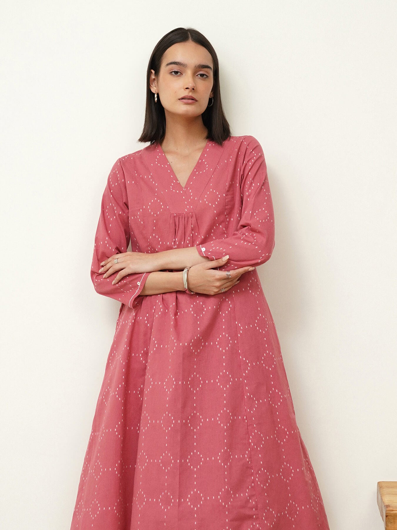 Cotton Ikat V-Neck Kurta Set - Pink