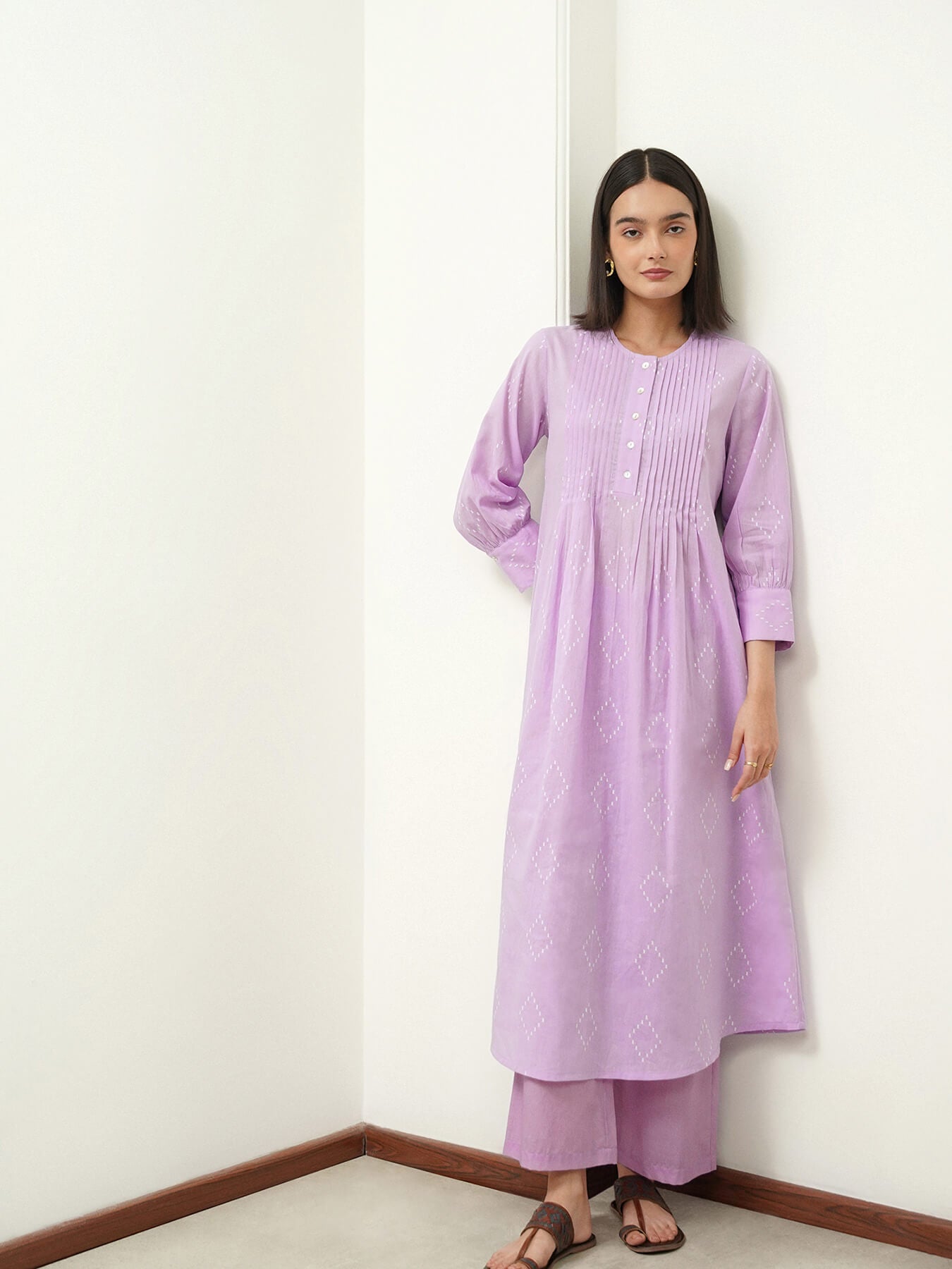 Cotton Geometric Round Neck Kurta Set - Purple
