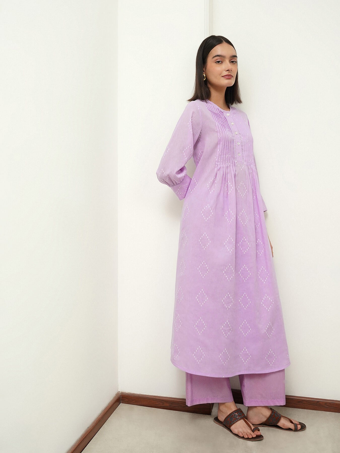 Cotton Geometric Round Neck Kurta Set - Purple