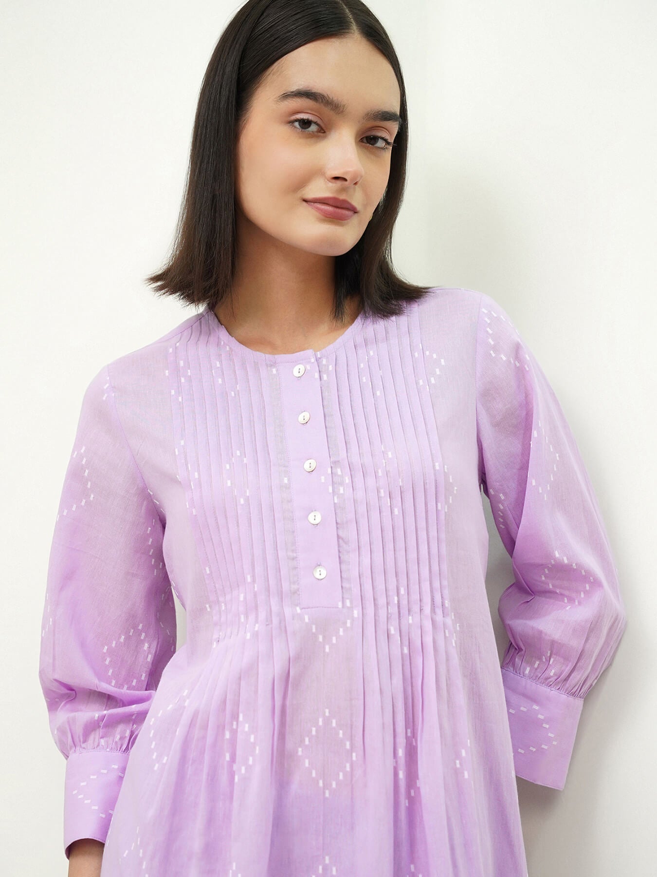 Cotton Geometric Round Neck Kurta Set - Purple