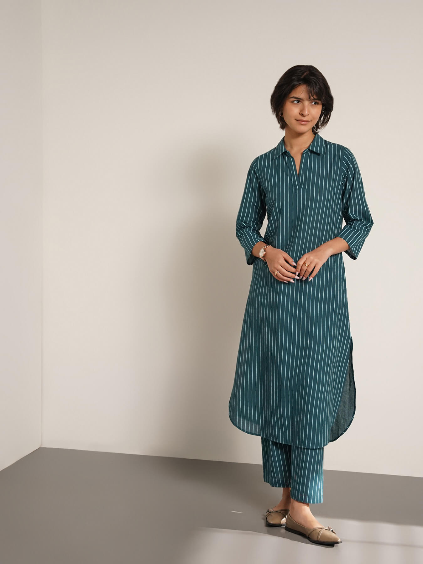 Cotton Striped A-Line Kurta Set - Teal