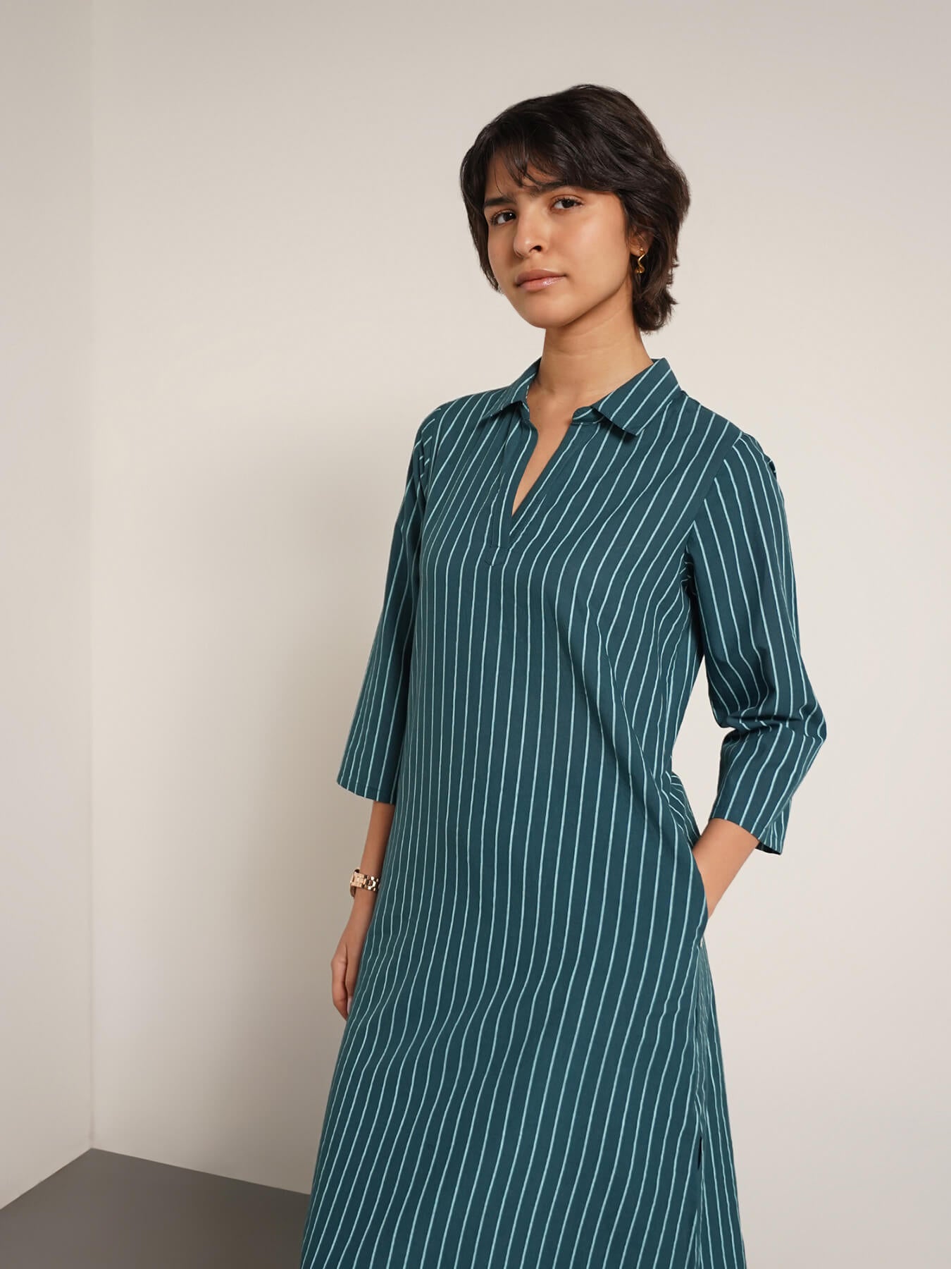 Cotton Striped A-Line Kurta Set - Teal