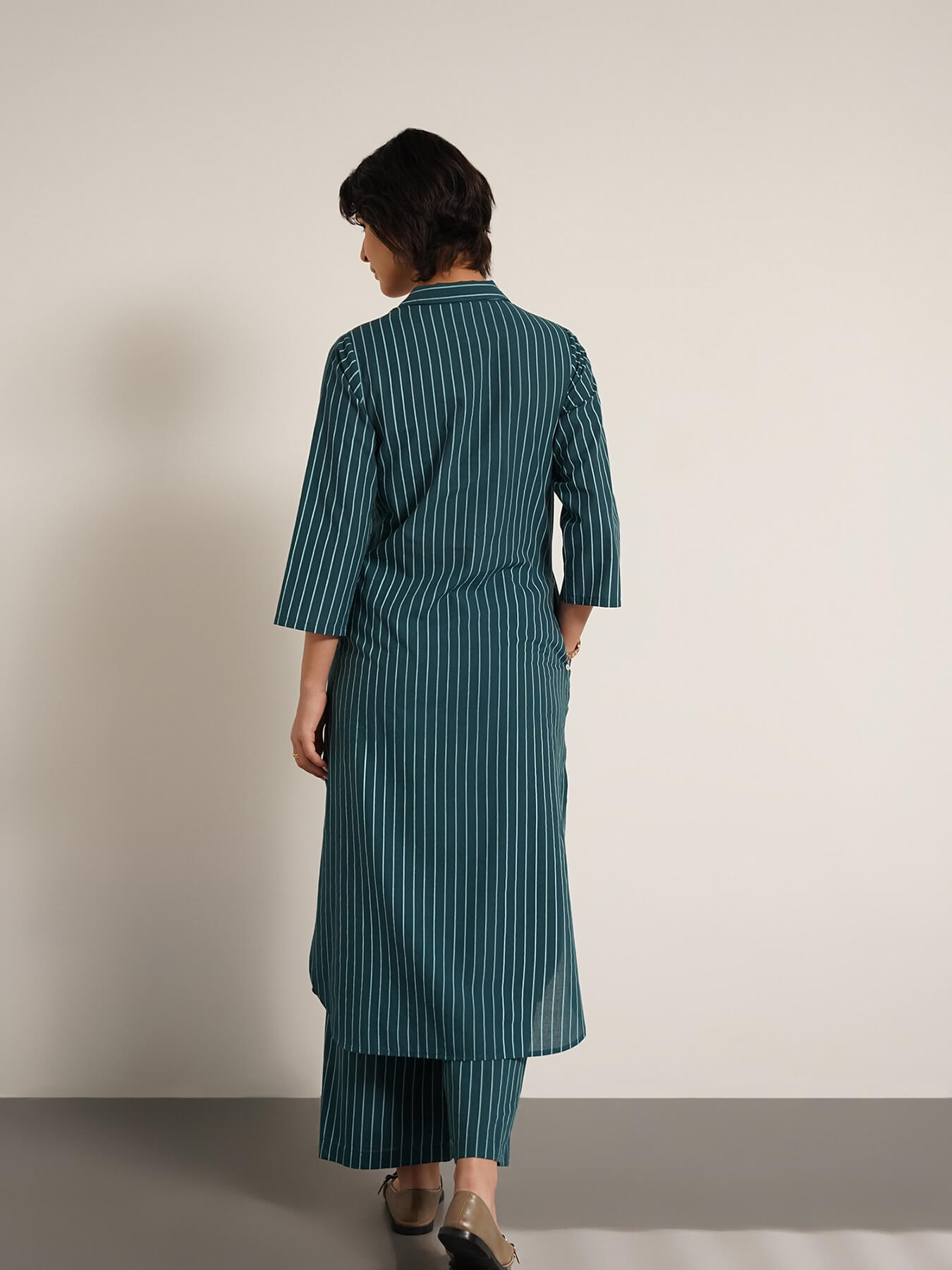 Cotton Striped A-Line Kurta Set - Teal
