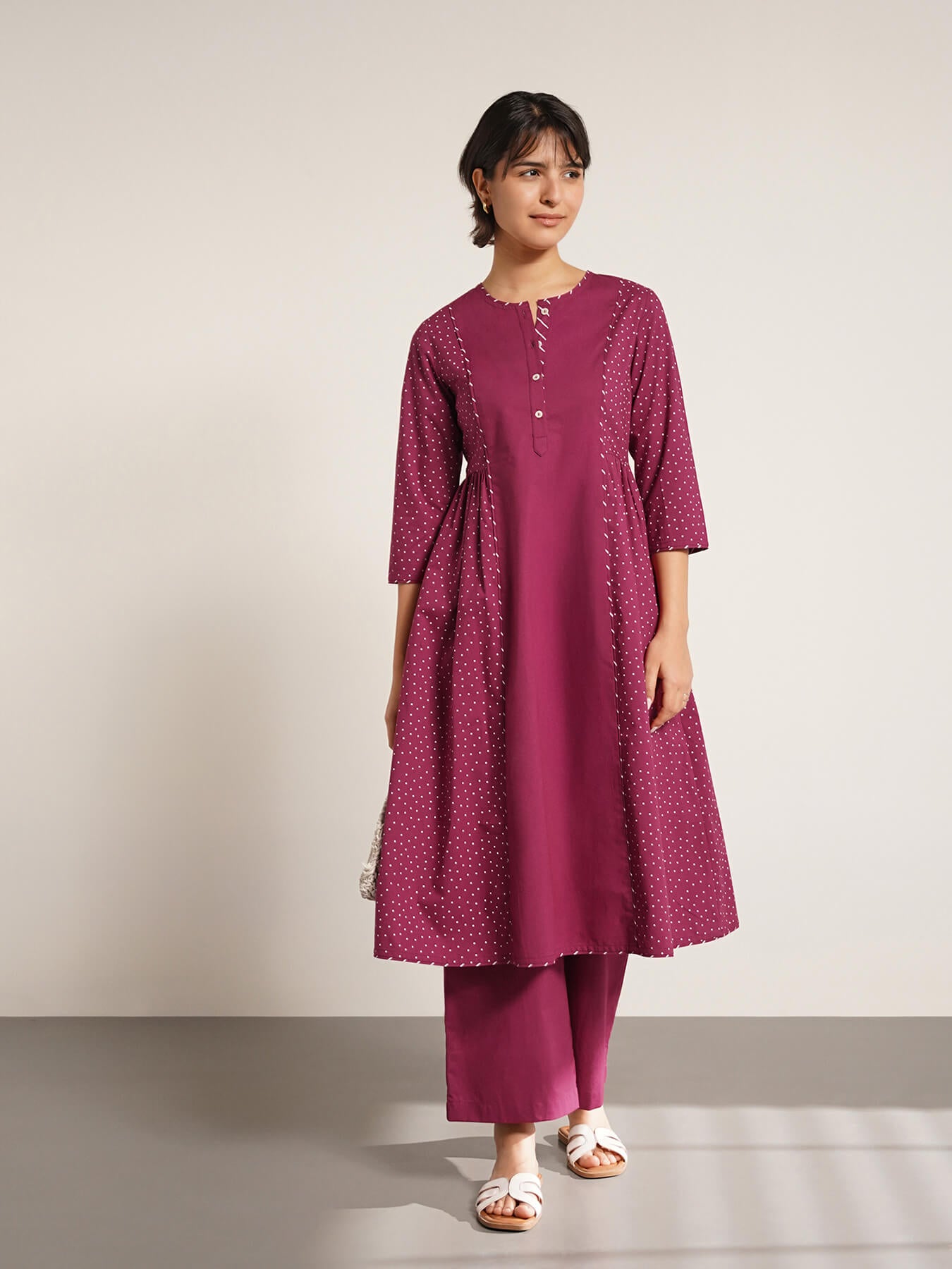 Cotton Geometric Print A-line Kurta Set - Magenta