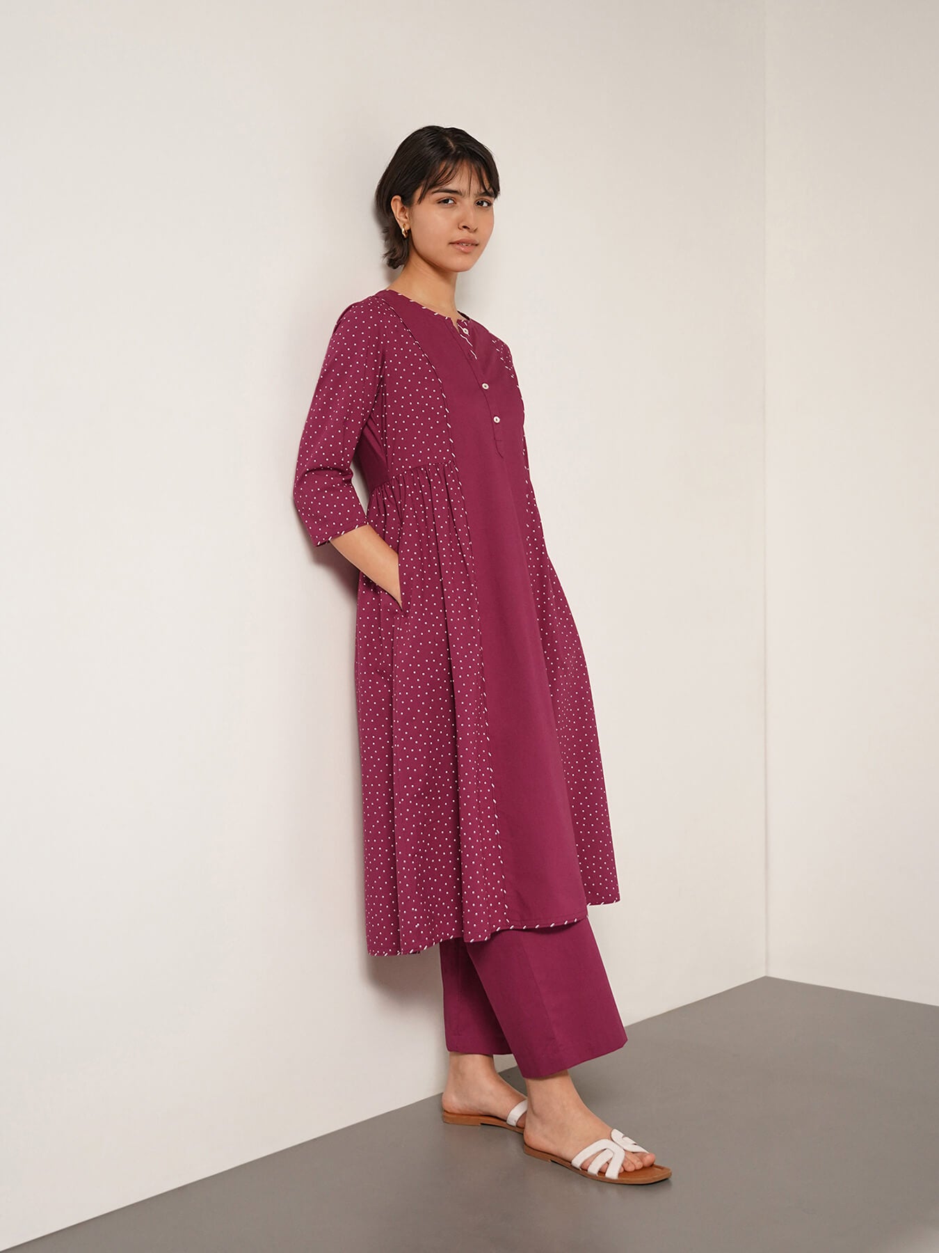 Cotton Geometric Print A-line Kurta Set - Magenta