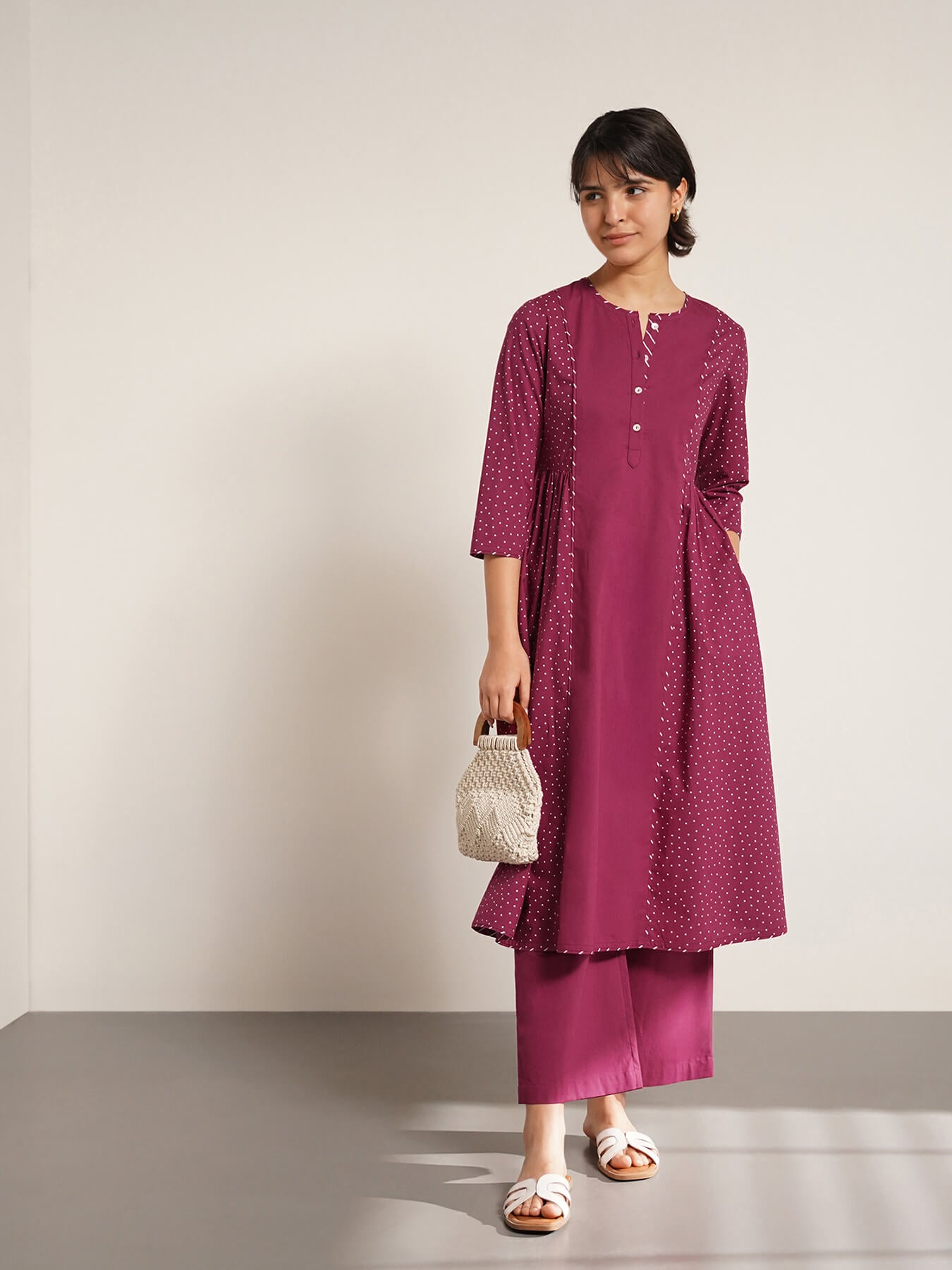 Cotton Geometric Print A-line Kurta Set - Magenta