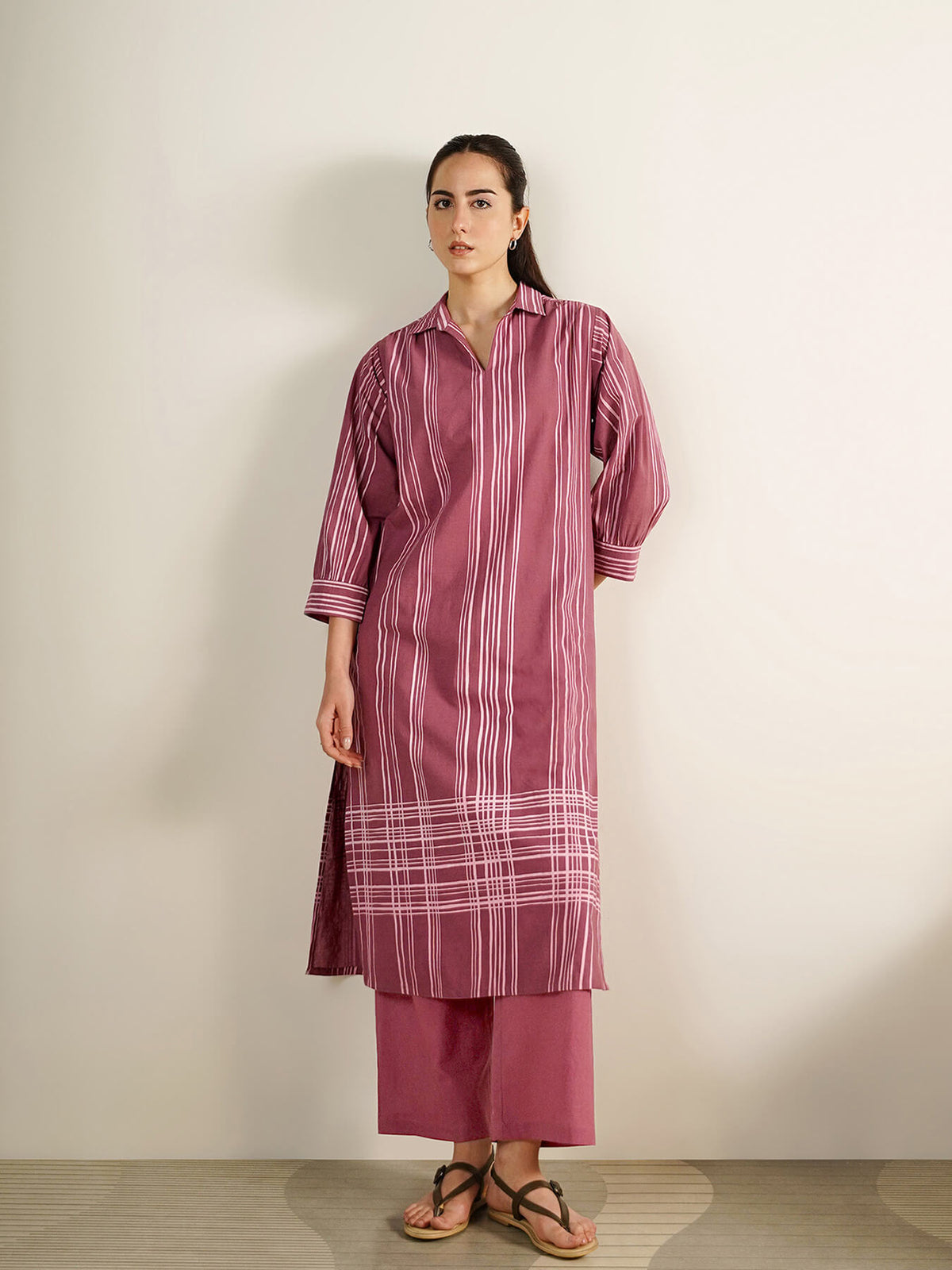 Cotton Striped Shirt Collar Kurta Set - Red