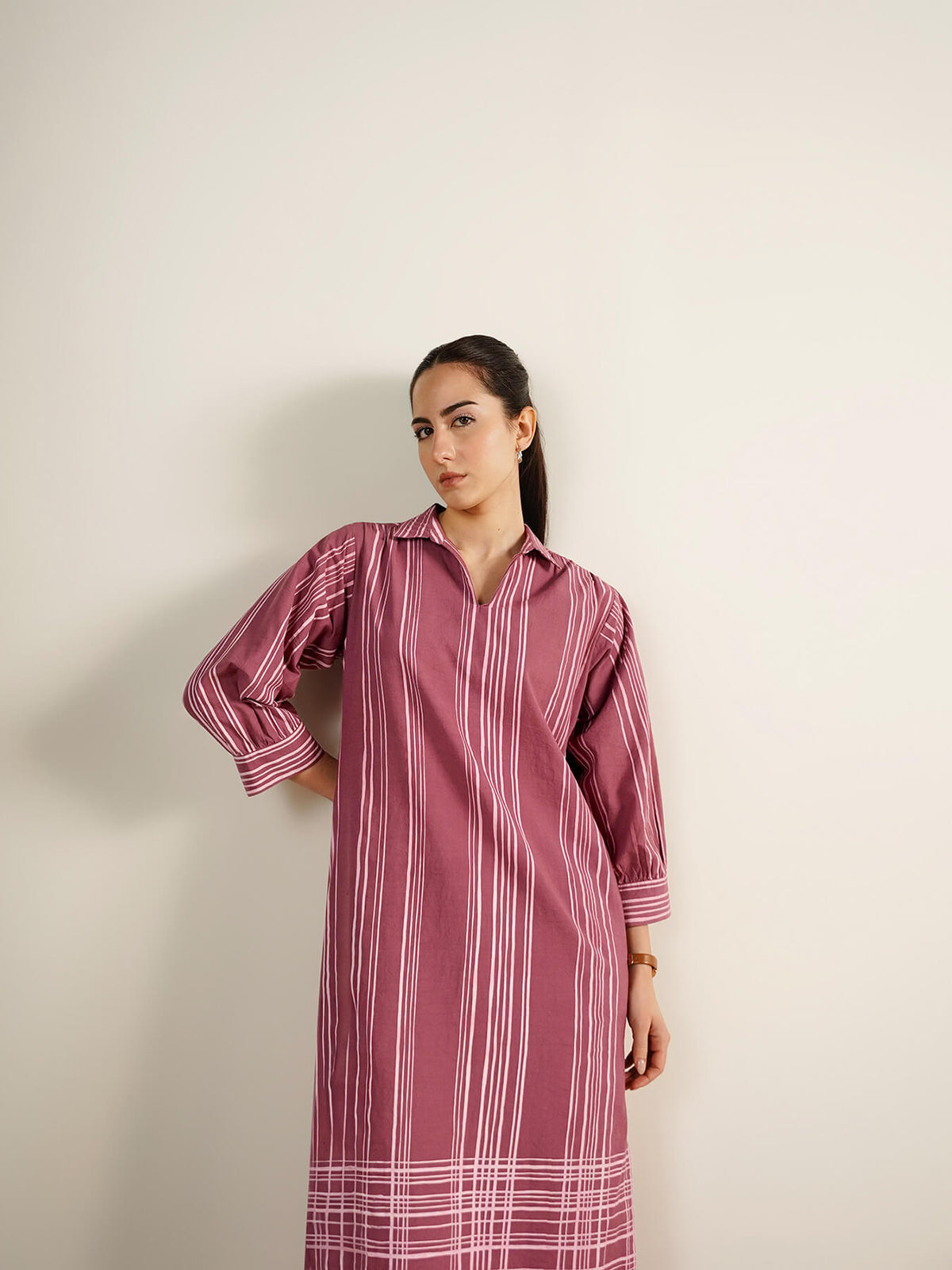 Cotton Striped Shirt Collar Kurta Set - Red