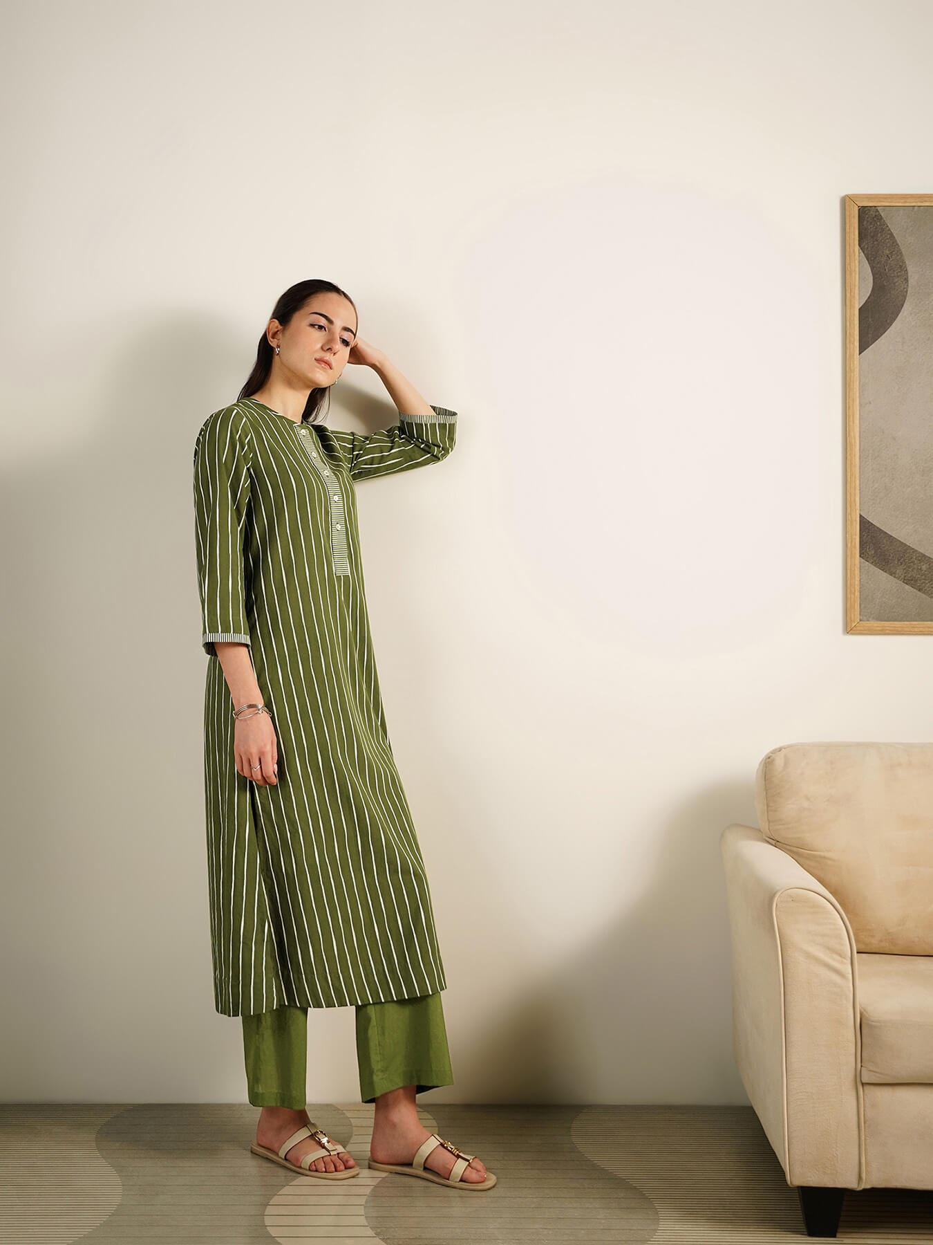 Cotton Striped A-Line Kurta Set - Olive