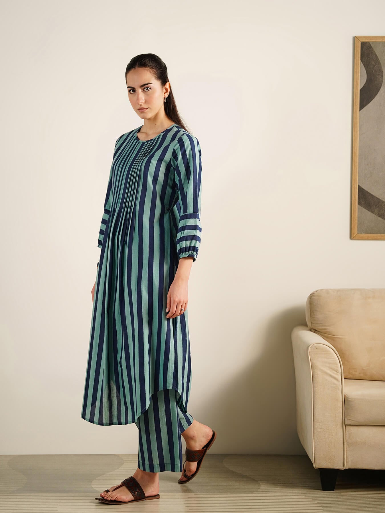 Cotton Striped Round Neck Kurta Set - Teal