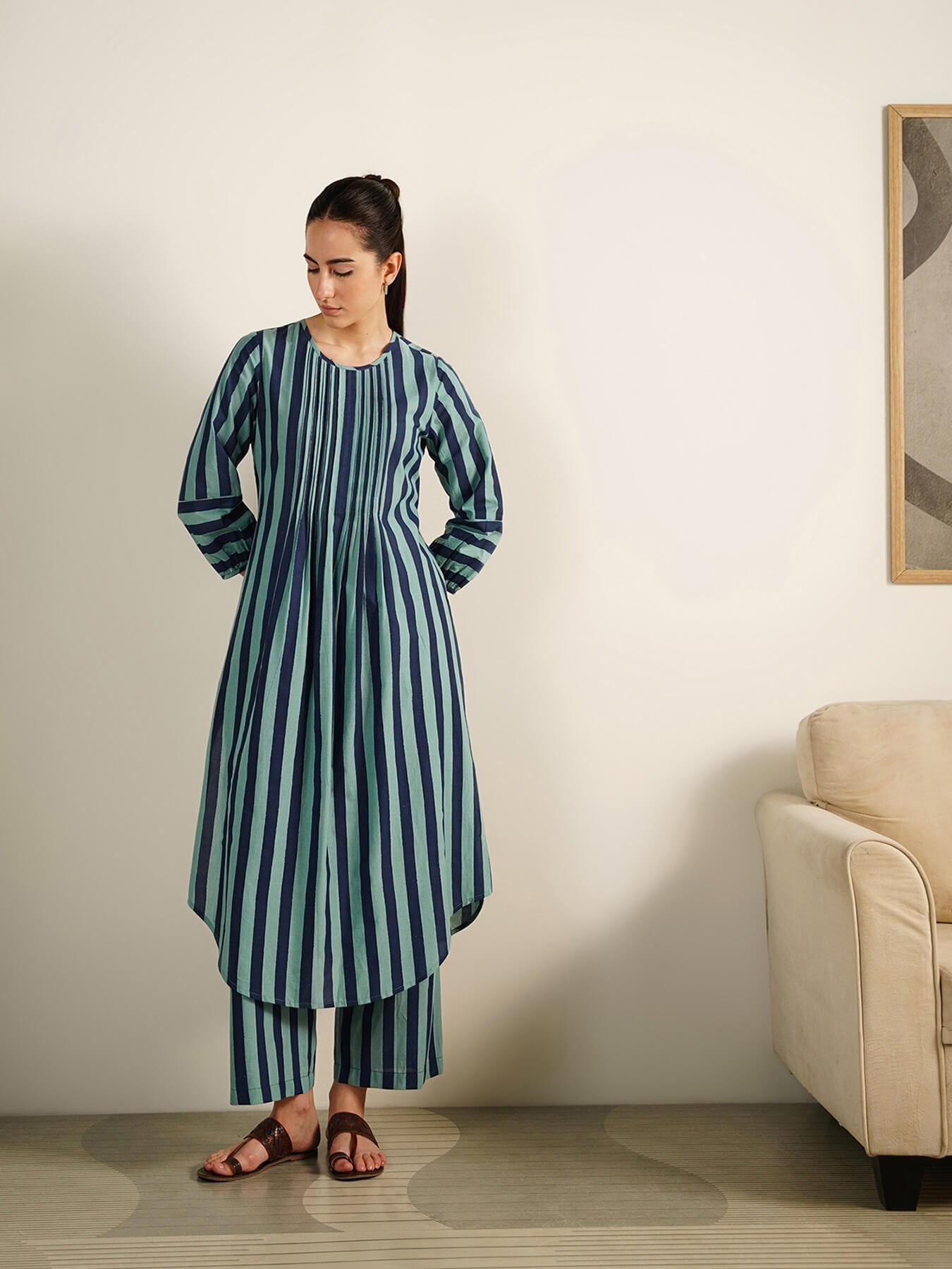 Cotton Striped Round Neck Kurta Set - Teal