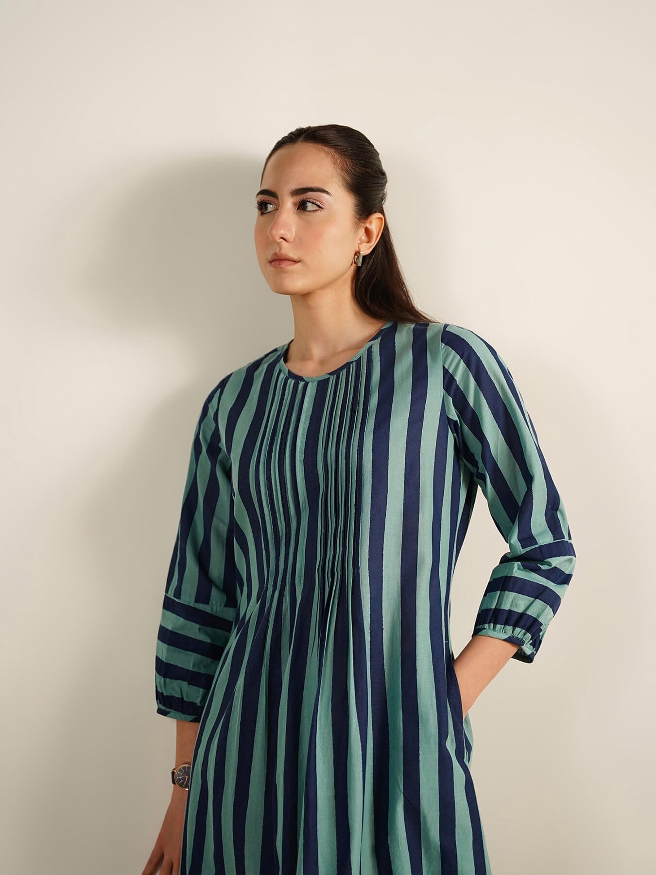 Cotton Striped Round Neck Kurta Set - Teal