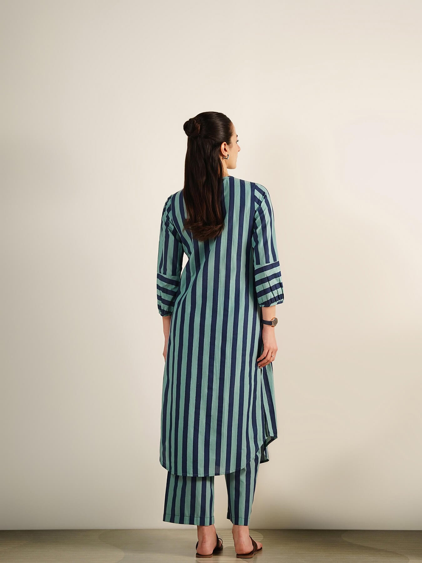 Cotton Striped Round Neck Kurta Set - Teal