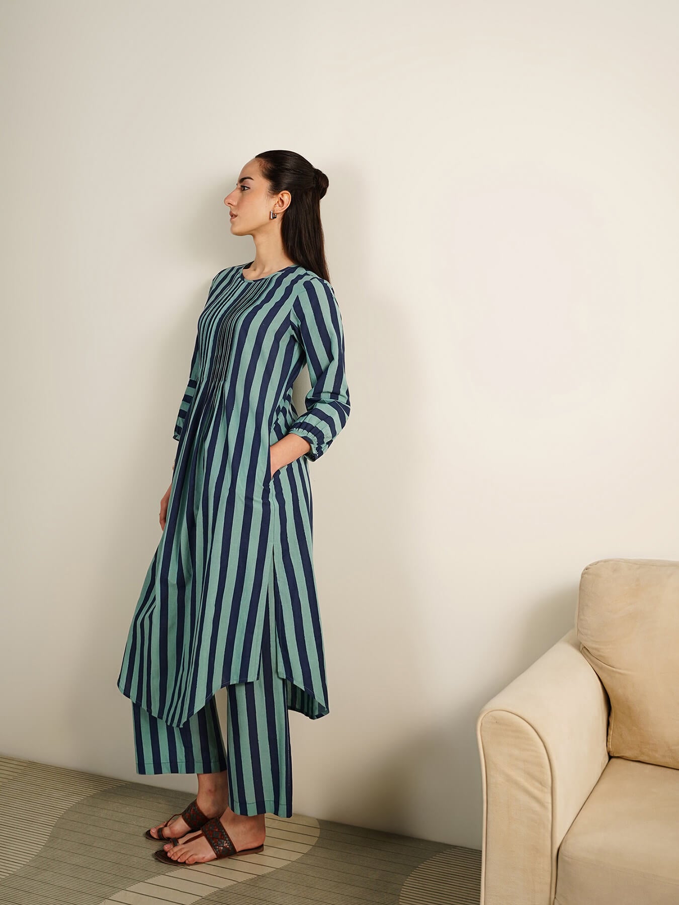 Cotton Striped Round Neck Kurta Set - Teal