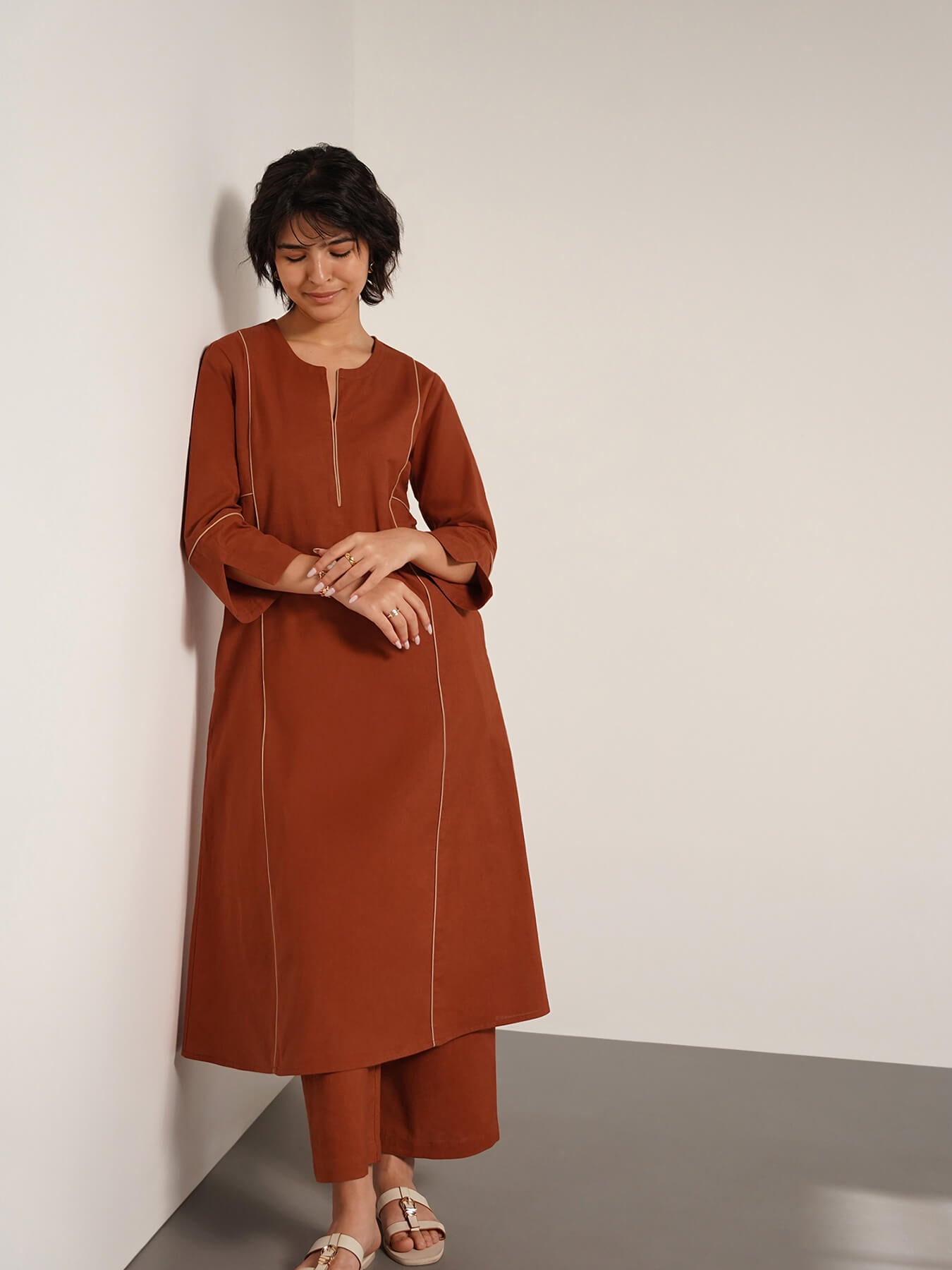 Cotton Colourblock A-Line Kurta Set - Rust
