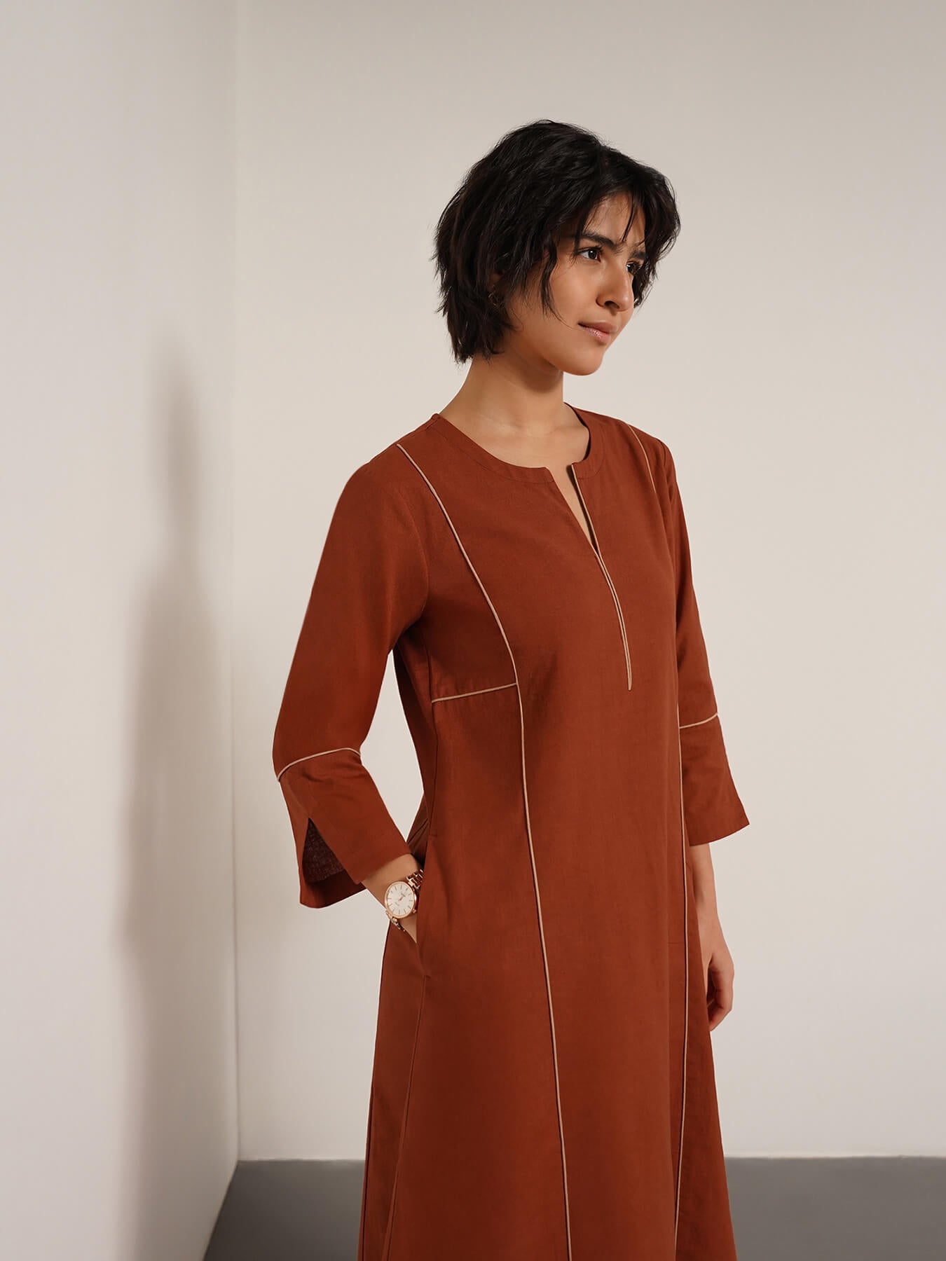 Cotton Colourblock A-Line Kurta Set - Rust