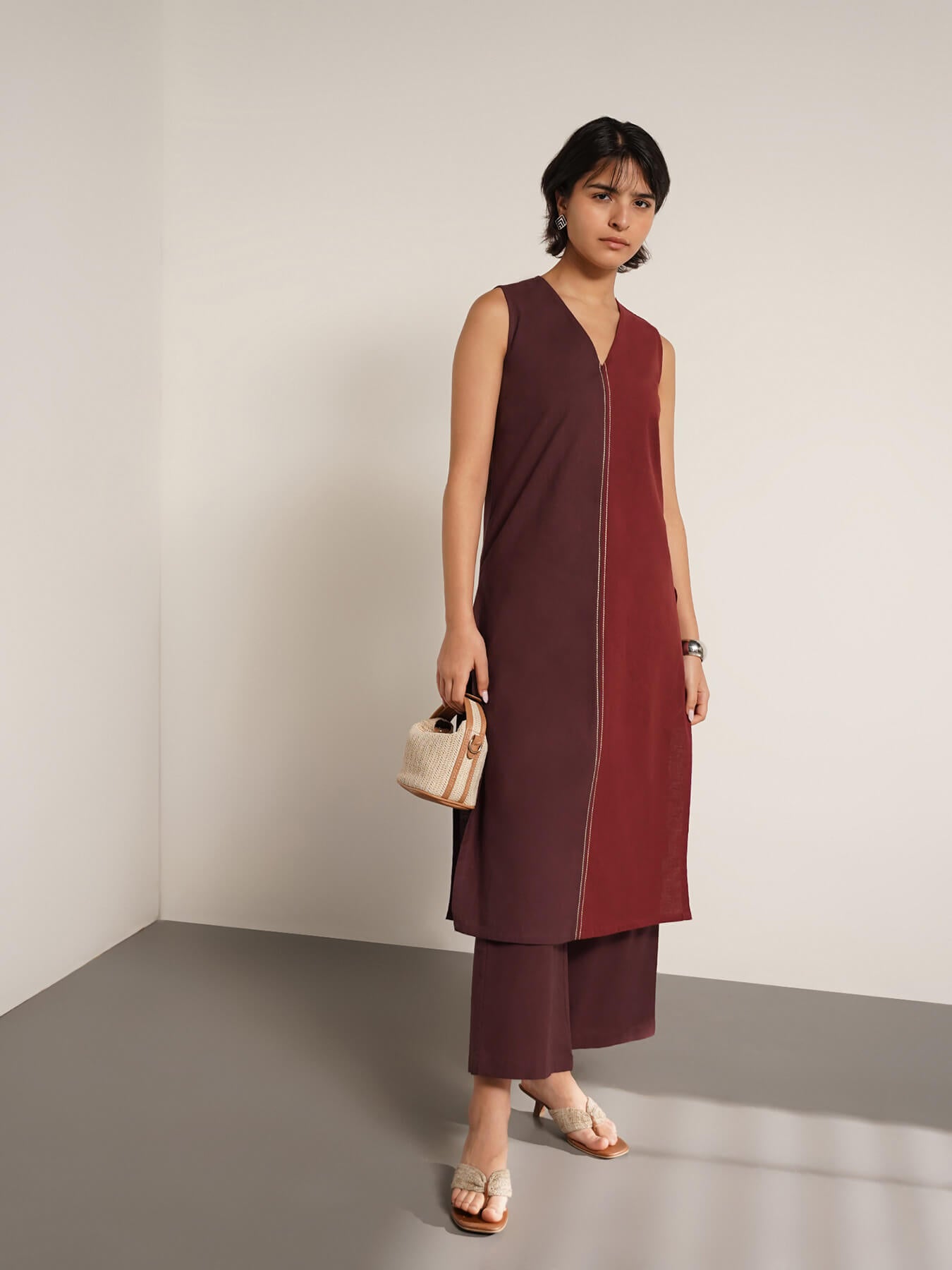 Cotton Colourblock A-Line Kurta Set - Brown