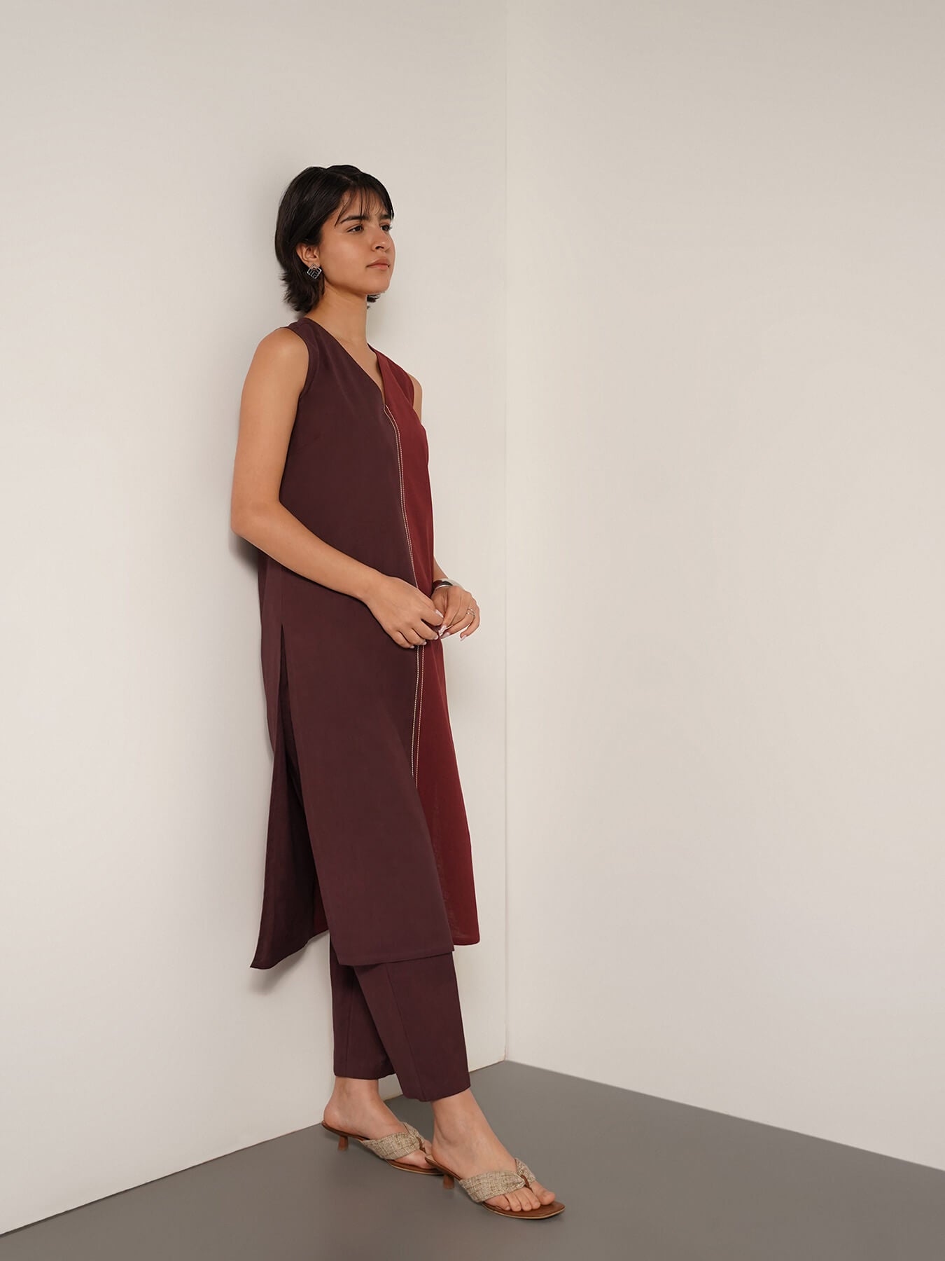 Cotton Colourblock A-Line Kurta Set - Brown
