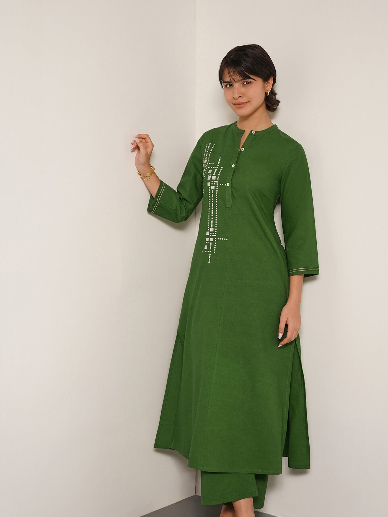 Cotton Placement Geometric Print Kurta Set - Green