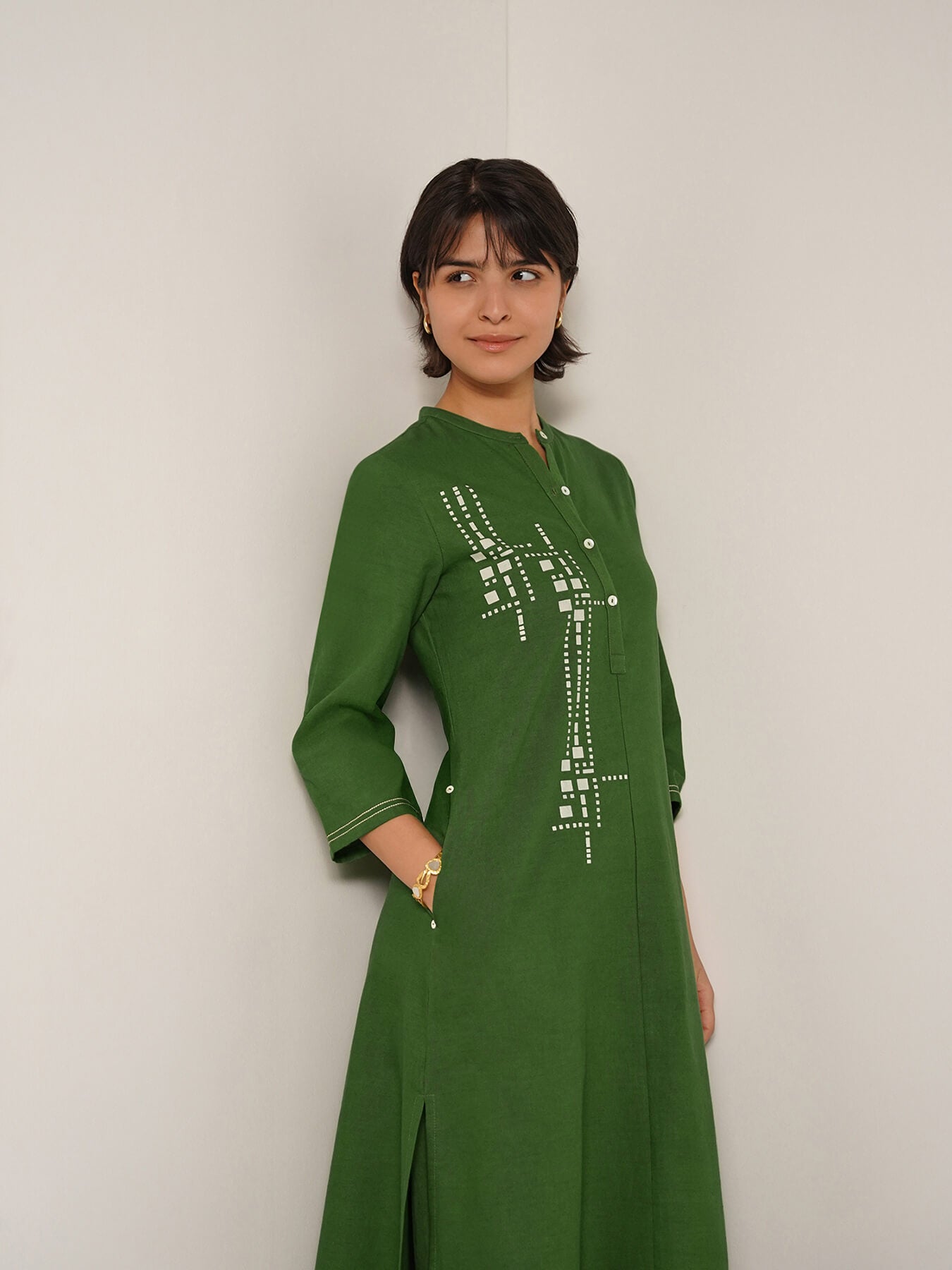 Cotton Placement Geometric Print Kurta Set - Green