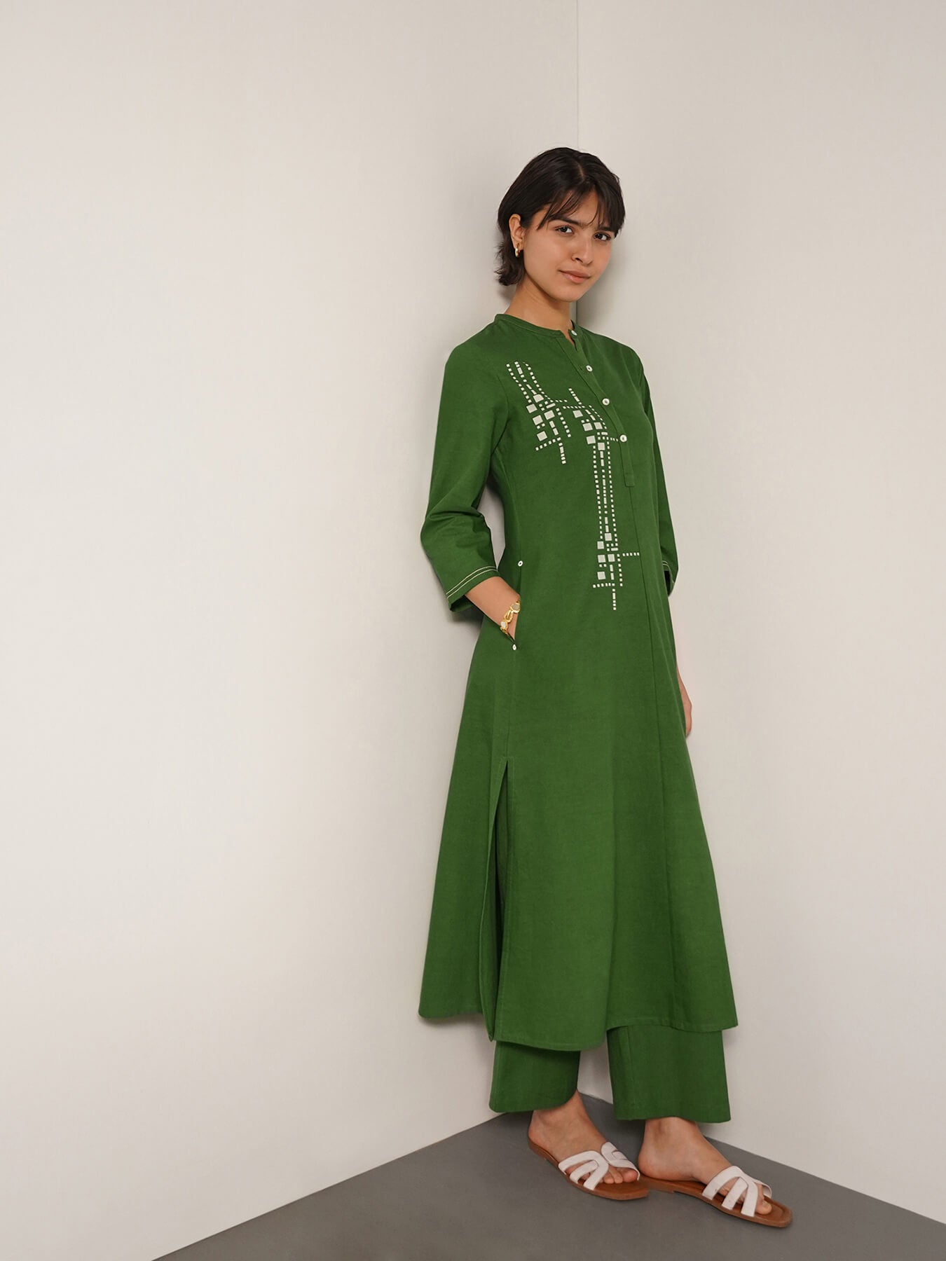 Cotton Placement Geometric Print Kurta Set - Green