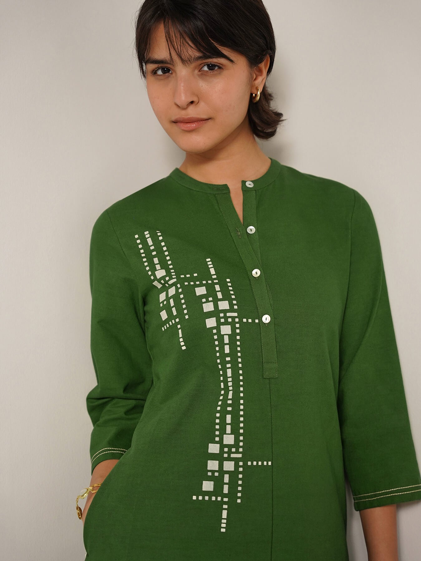 Cotton Placement Geometric Print Kurta Set - Green