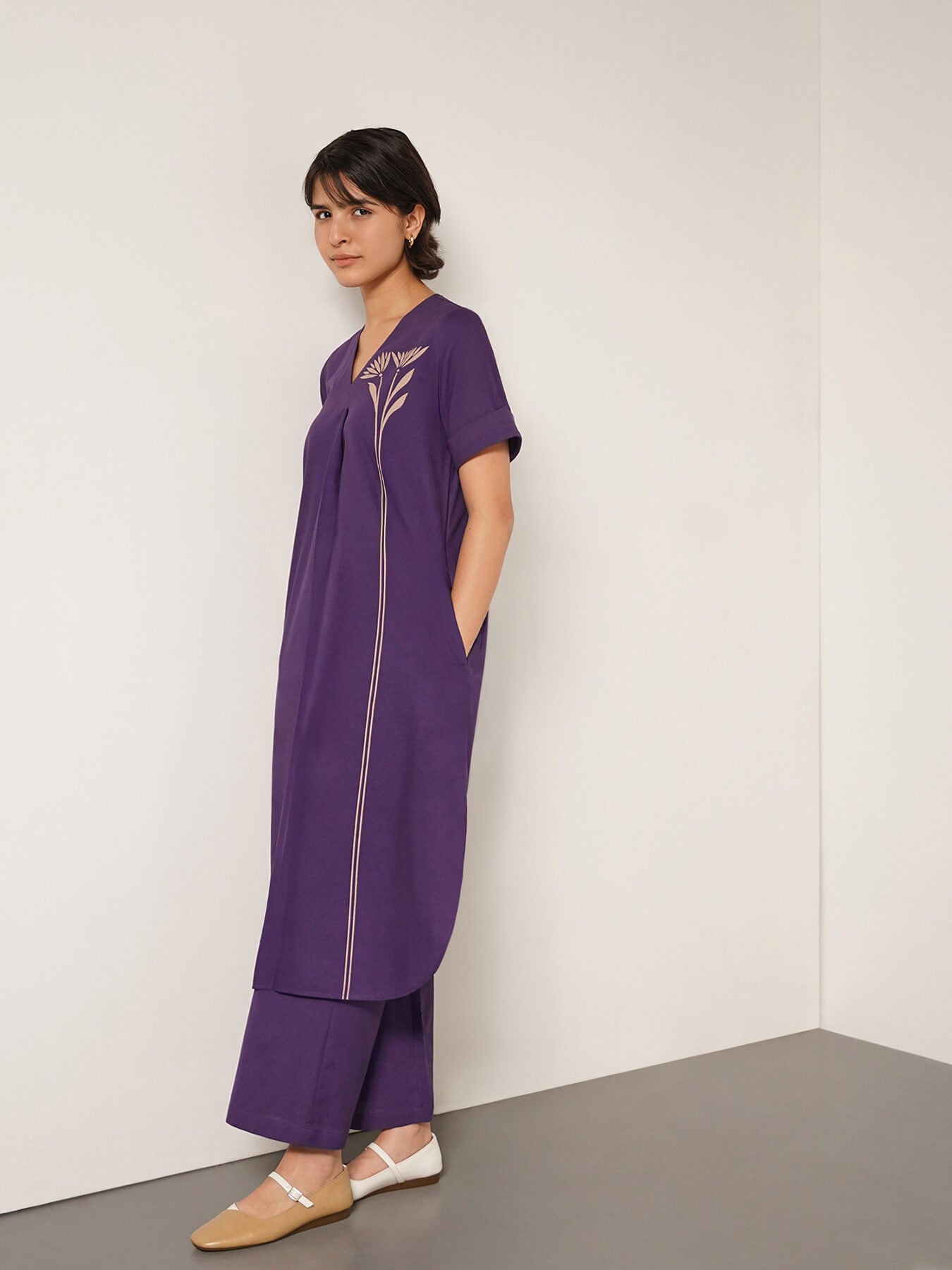 Cotton Placement Geometric Print Kurta Set - Purple