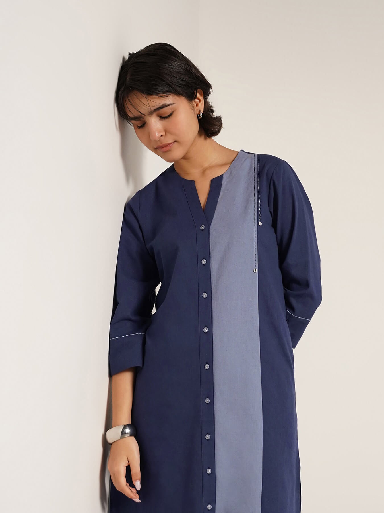 Cotton Colourblock A-Line Kurta Set - Blue