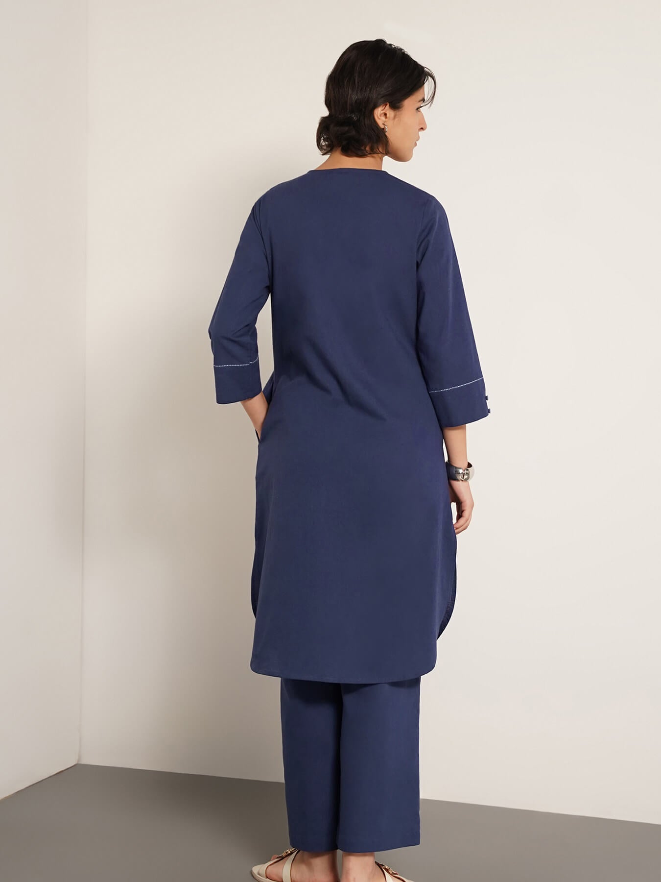 Cotton Colourblock A-Line Kurta Set - Blue