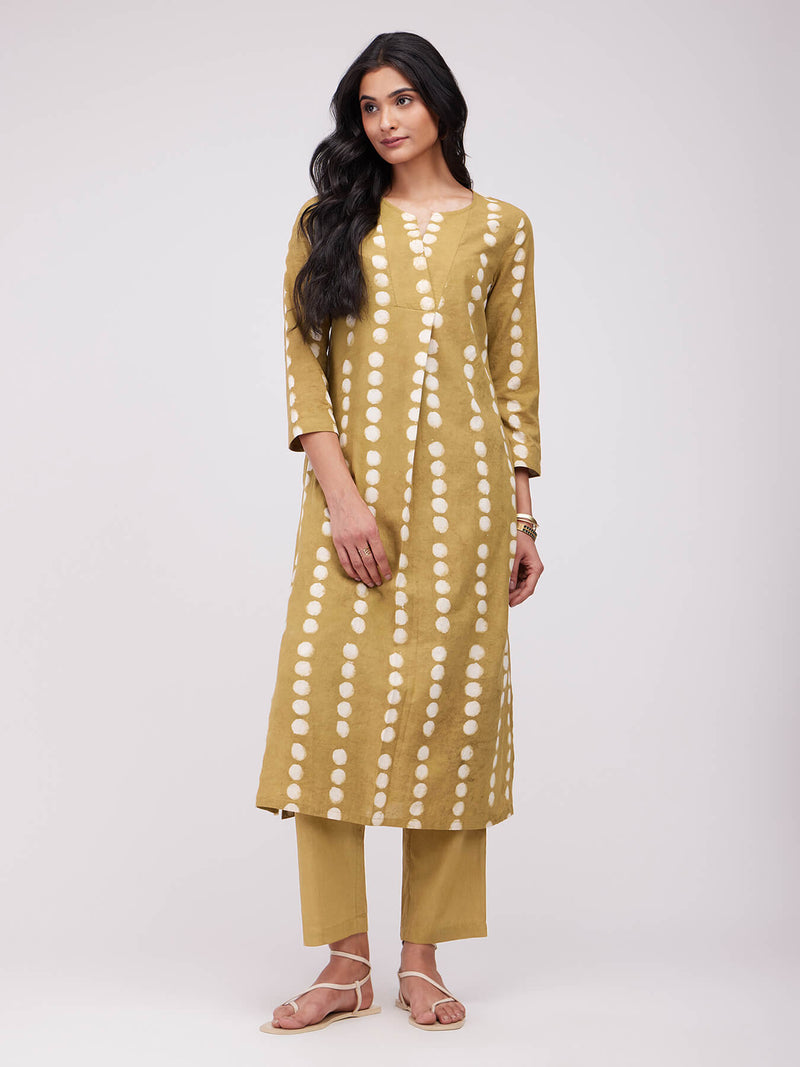 Cotton Dabu Polka Kurta Set - Mustard