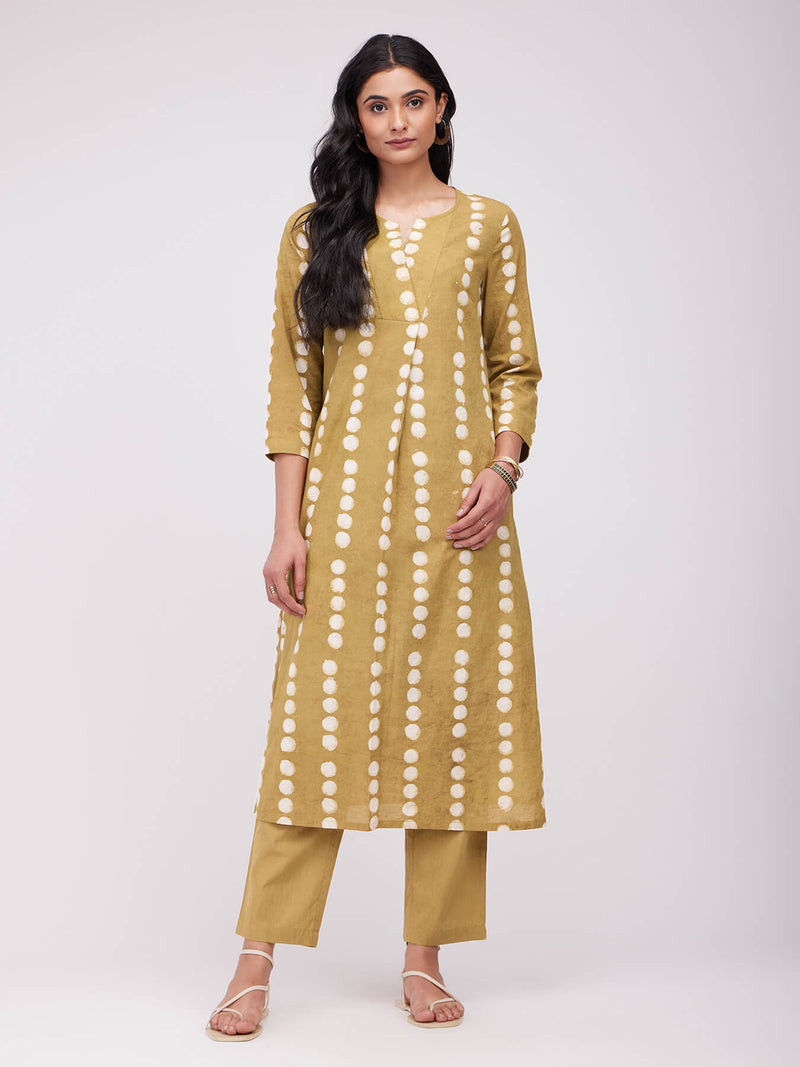 Cotton Dabu Polka Kurta Set - Mustard