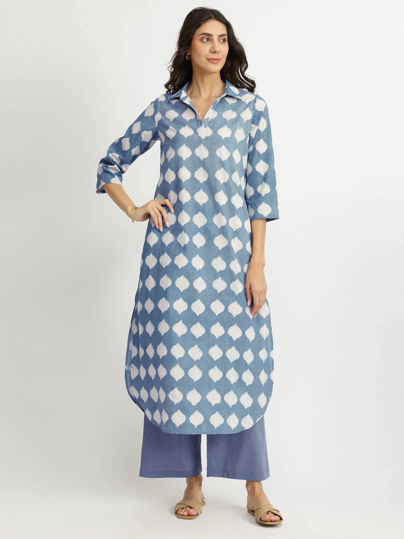 Cotton Dabu Abstract Print Kurta Set - Grey