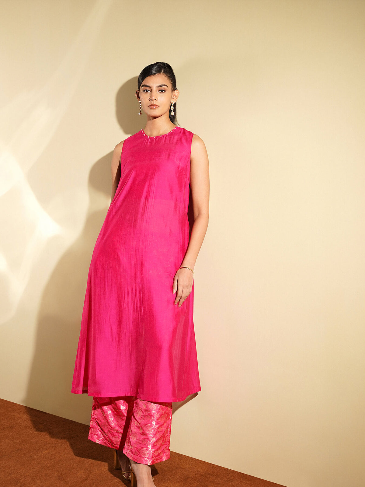 Viscose Silk Solid Kurta Set with Brocade Pant - Pink