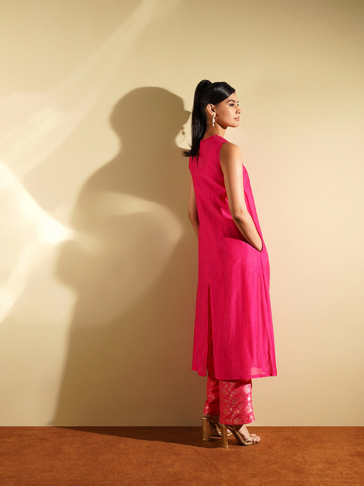 Viscose Silk Solid Kurta Set with Brocade Pant - Pink