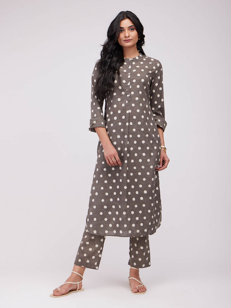 Cotton Dabu Polka Kurta Set - Brown