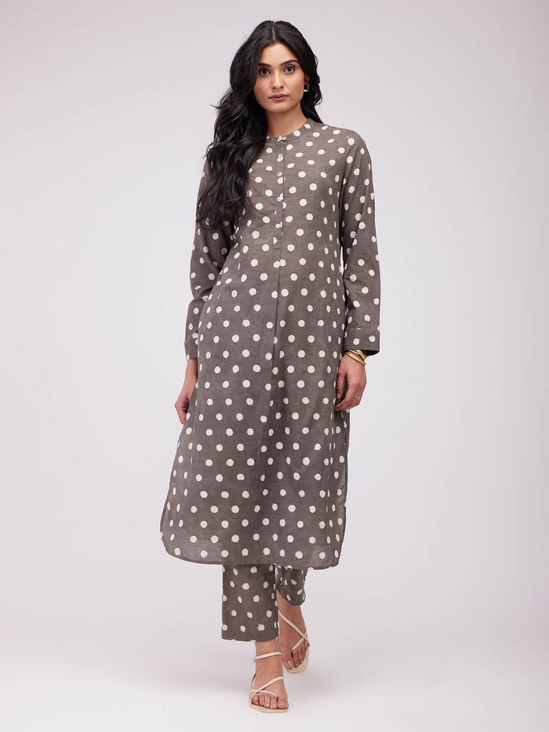 Cotton Dabu Polka Kurta Set - Brown