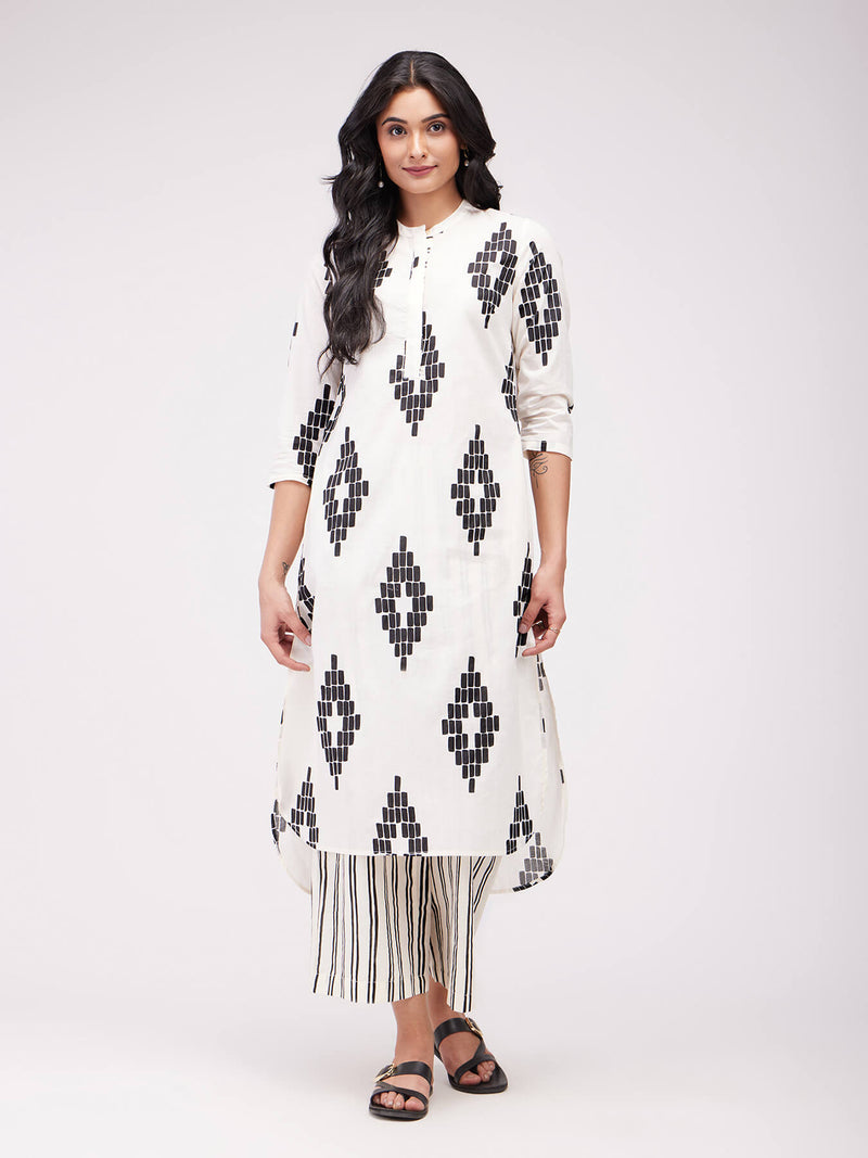 Cotton Geometric Print Kurta Set - White & Black