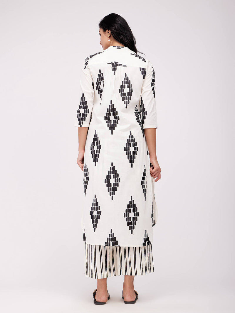 Cotton Geometric Print Kurta Set - White & Black