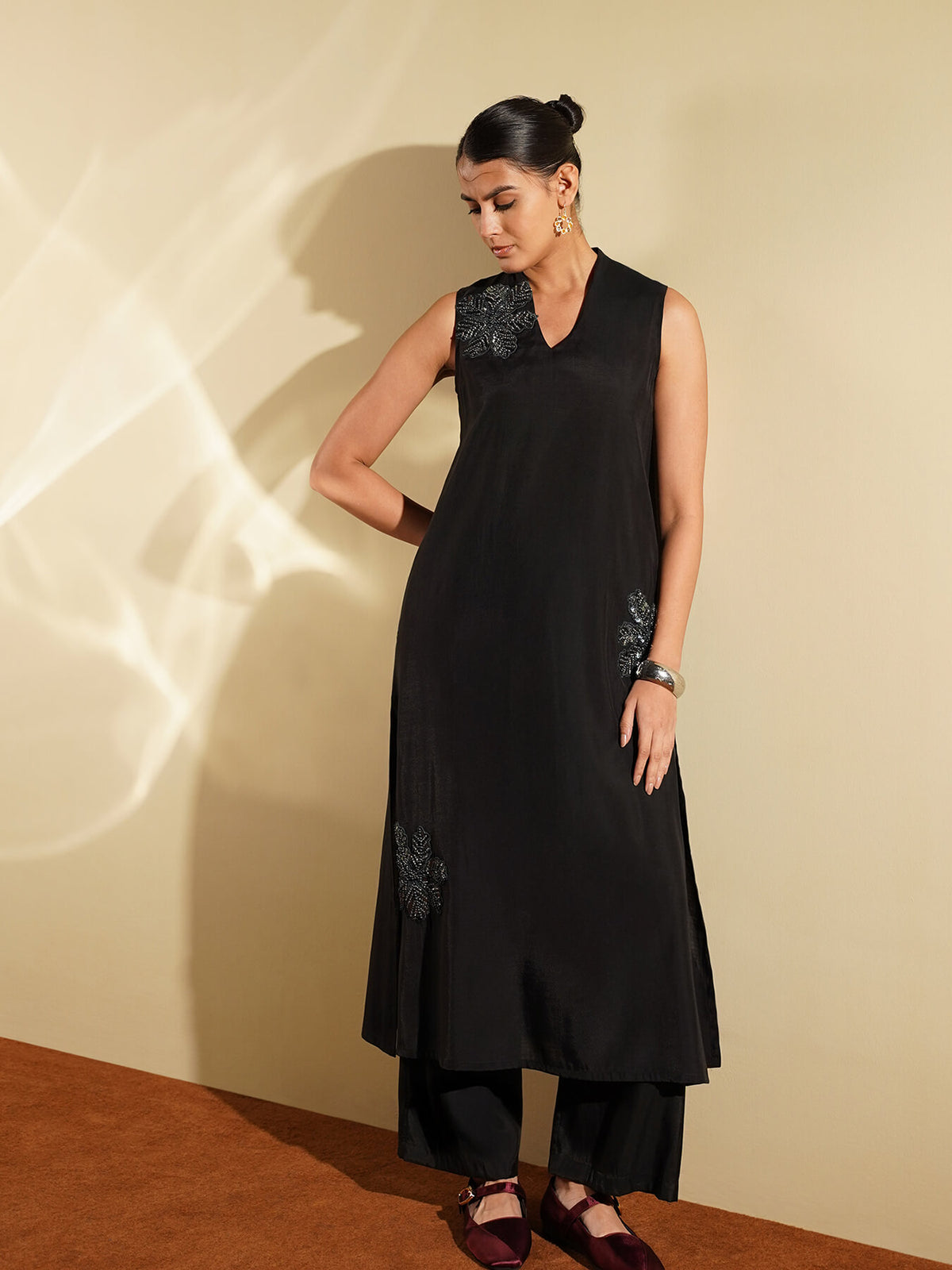 Viscose Silk Embroidered A-Line Kurta Set - Black