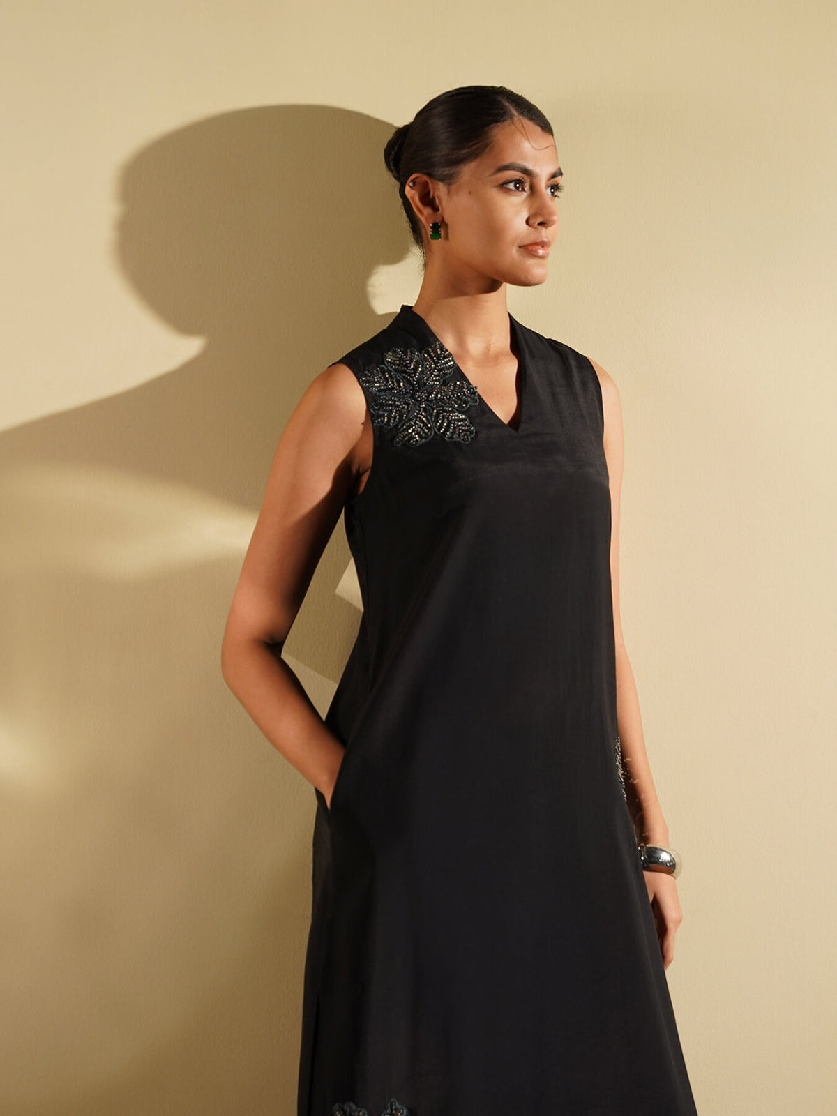 Viscose Silk Embroidered A-Line Kurta Set - Black