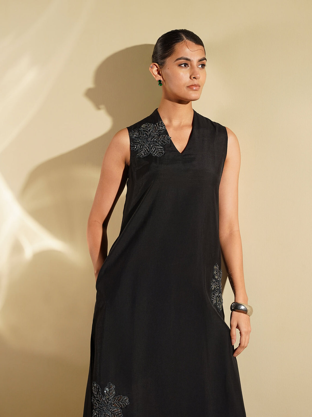 Viscose Silk Embroidered A-Line Kurta Set - Black